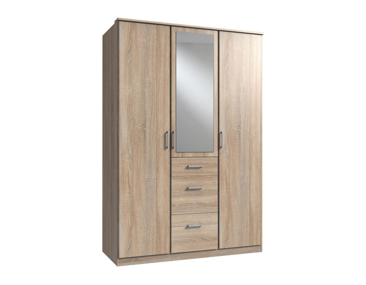 KLEIDERSCHRANK Click in Eiche Sägerau - Drehtürenschrank 135 cm Breite mit Spiegel - Braun, Holzwerkstoff (135/199/58cm)