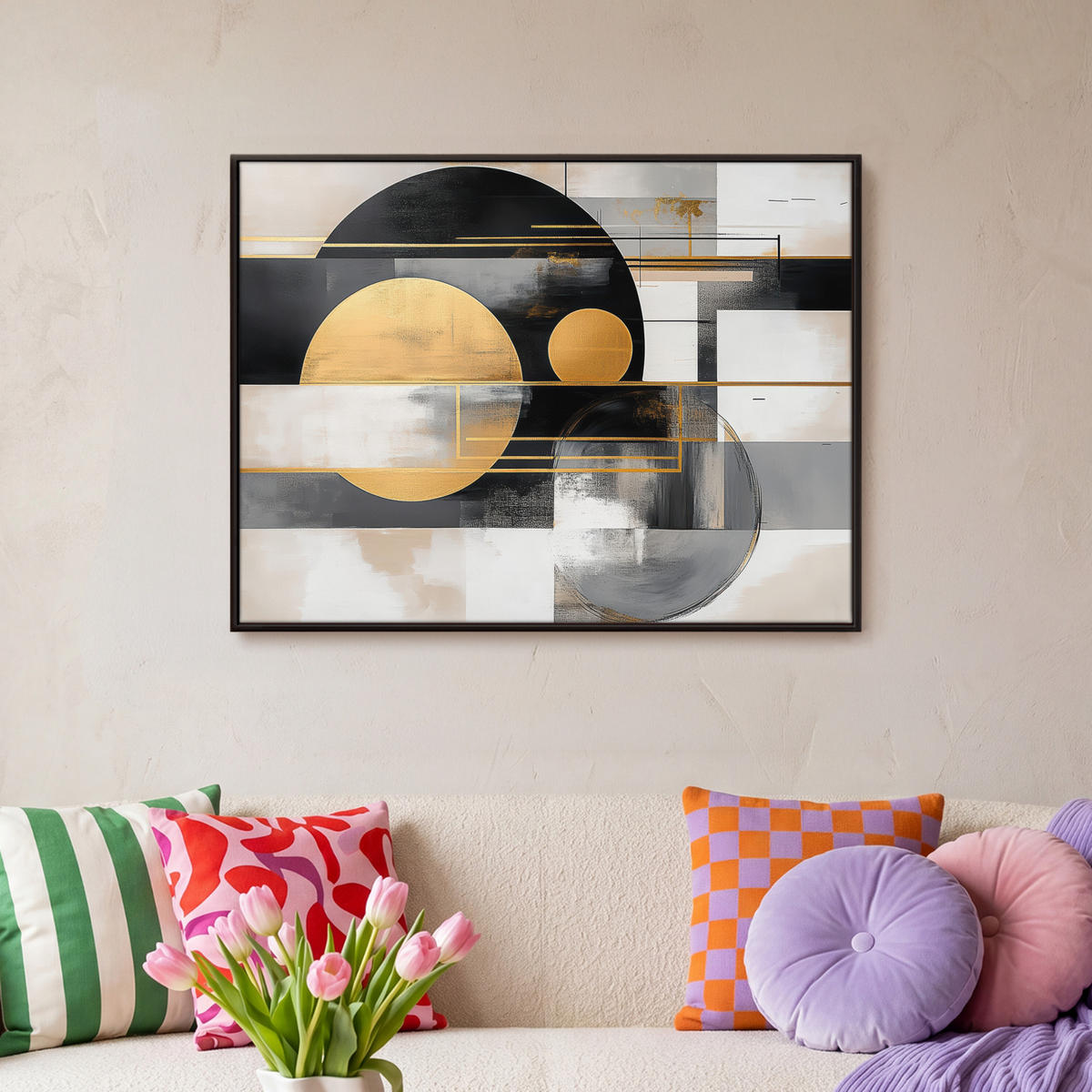 LEINWAND Bilder mit Rahmen - Abstrakt - Gold - Silber - Formen - Ästhetisch - Modern - 80x60 - Goldfarben, Textil (80/60cm) - MuchoWow