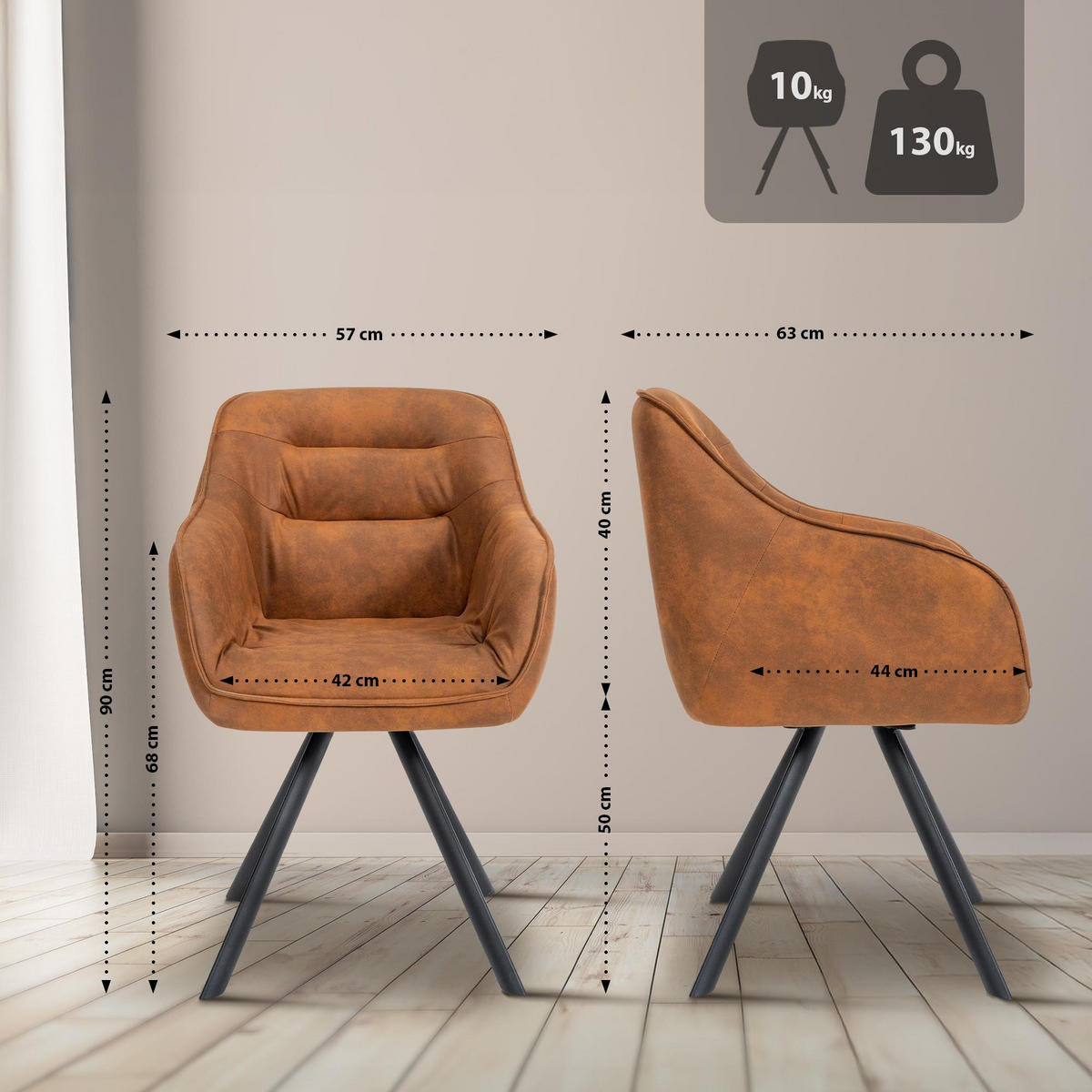 ARMLEHNENSTUHL Vintage Stoff hellbraun - Hellbraun/Schwarz, Textil/Metall (57/90/63cm) - CLP