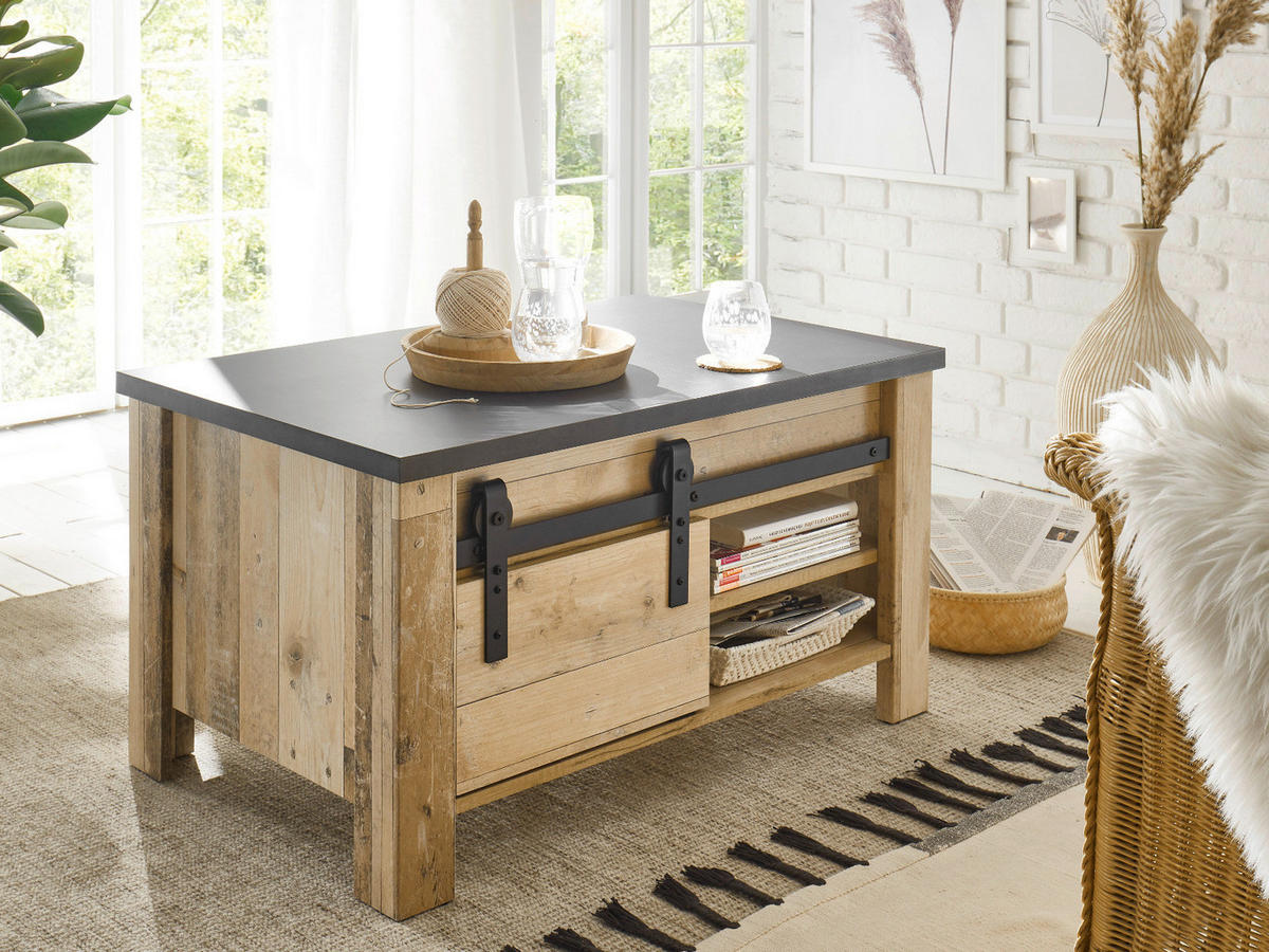 COUCHTISCH Used Wood hell, anthrazit, Beistelltisch mit Stauraum - Anthrazit/Schwarz, Holzwerkstoff/Metall (93/60/51cm) - Furn.Design