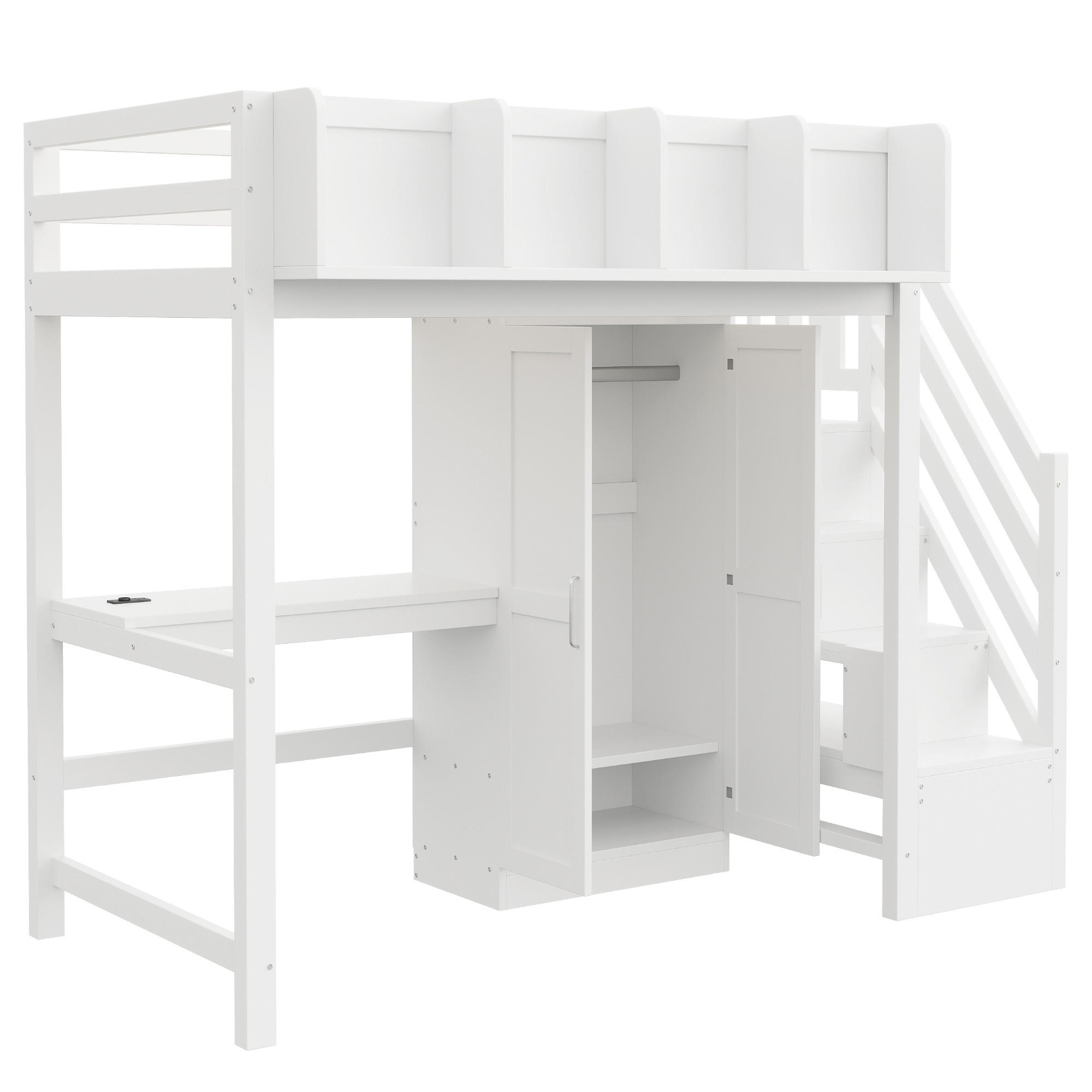 HOCHBETT 90/200 cm DE-32577 mit Schreibtisch, Kleiderschrank und LED Weiß - Weiß, Holz (90/200cm) - ComfortXL