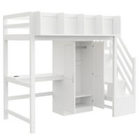 HOCHBETT 90/200 cm DE-32577 mit Schreibtisch, Kleiderschrank und LED Weiß - Weiß, Holz (90/200cm) - ComfortXL