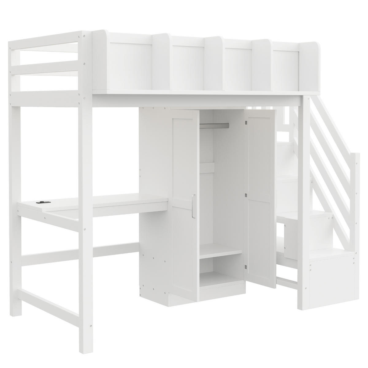 HOCHBETT 90x200cm Schreibtisch Schrank LED Weiß - Weiß, Holz (90/200cm) - FLIEKS