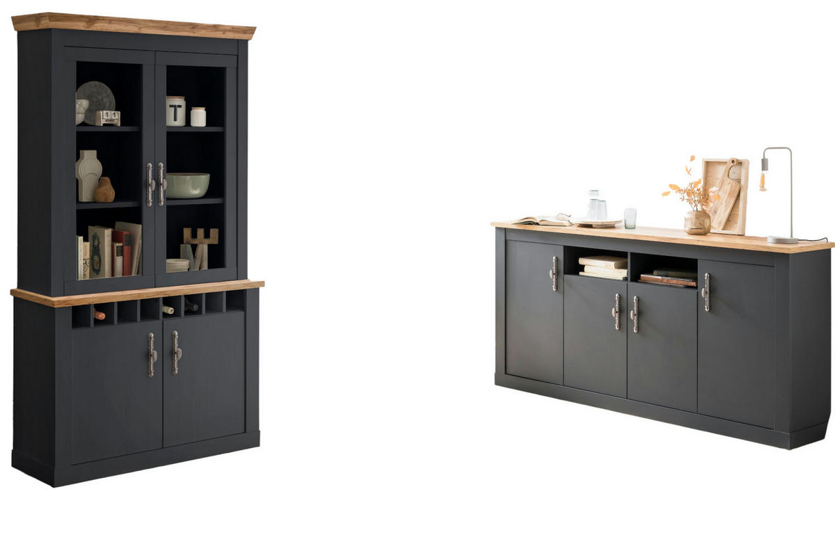 ESSZIMMER-SET 2-teilig grau, Eiche Wotan, Landhaus, Wohnkombination mit Soft-Close - Silberfarben/Eiche Wotan, Glas/Holzwerkstoff (200/201/45cm) - Furn.Design