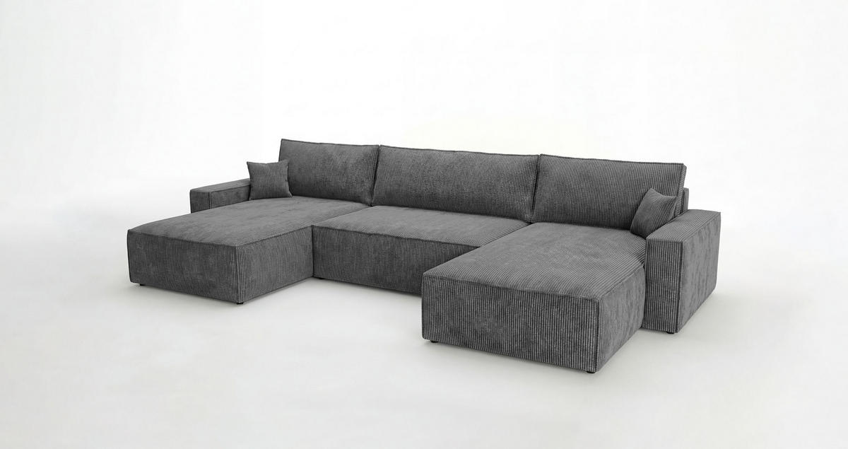 WOHNLANDSCHAFT VIENNA U-Form dunkelgrau Cord Poso 60 - Schlaffunktion, Bettkasten - Anthrazit, Textil (385/86/185cm) - Cornero