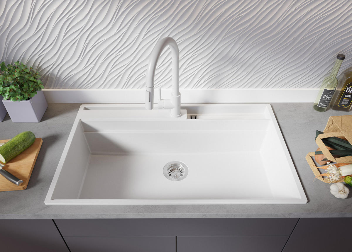 GRANITSPÜLE Oslo Pocket, 2-er set Weiß 88/53 cm 1 Becken + Küchenarmatur 40/20 cm + Ablauf-Set + Küchenzubehörset ab 90er Unterschrank - Chromfarben/Beige, Kunststoff (88/20/53cm) - Primagran