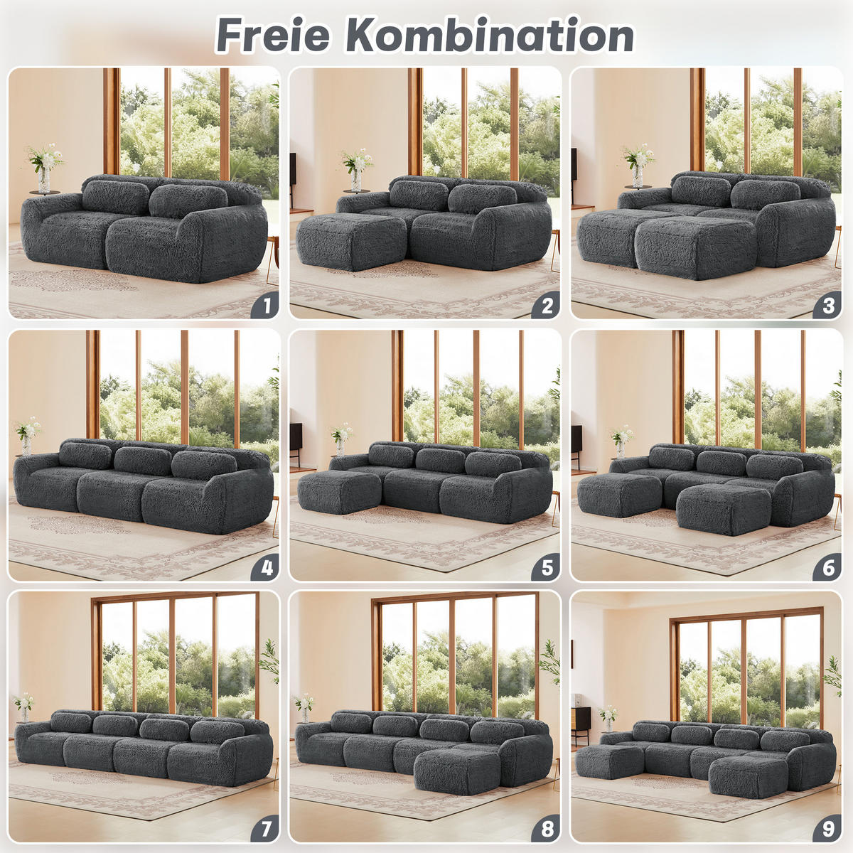 ECKSOFA aus Plüsch in Grau mit modularem Design - Grau, Textil (179/73/291cm) - Modfu