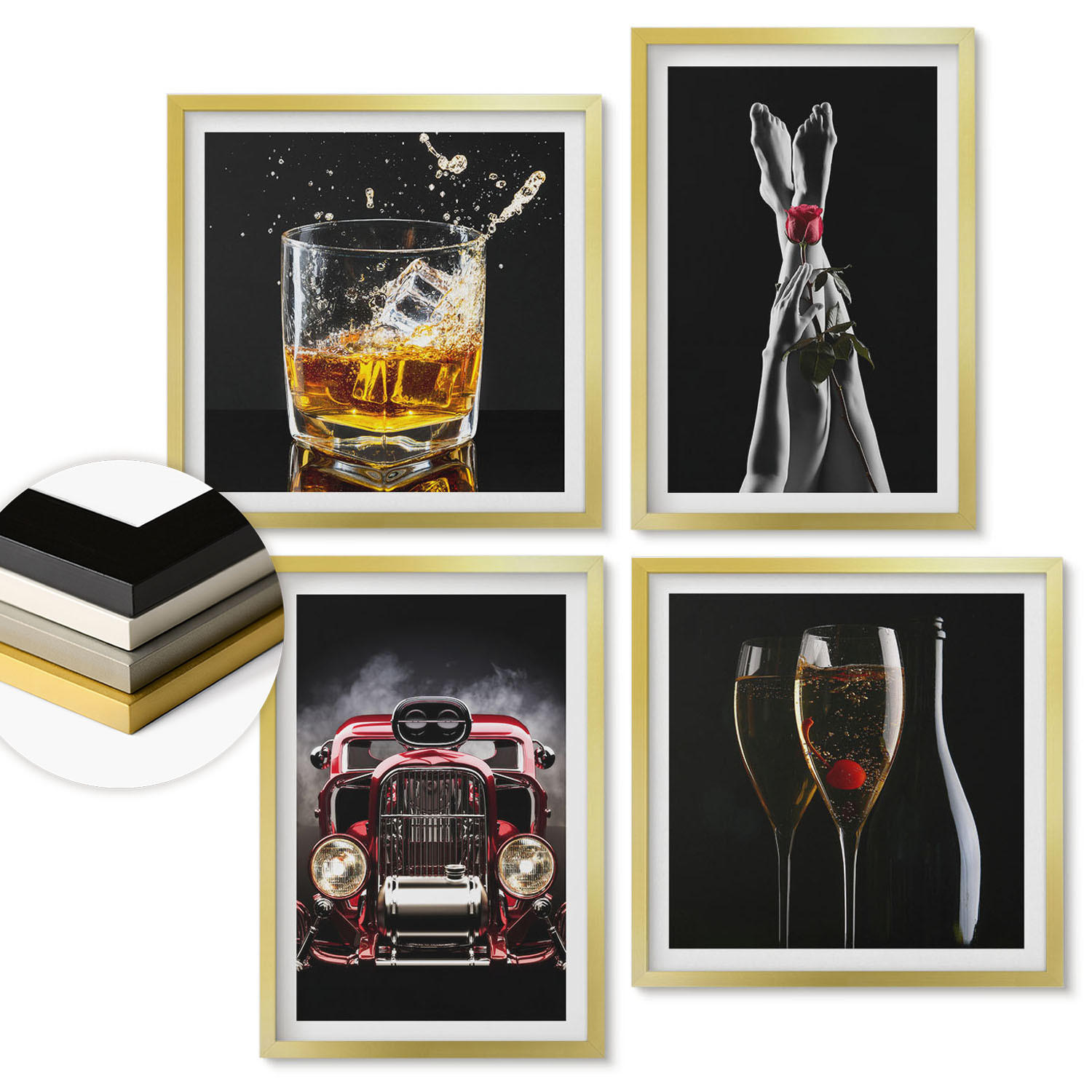 WANDBILDER 4er Set - 50x50 cm & 40x60 cm Goldrahmen - Frauenbeine Rosenwagen Wein - Goldfarben, Kunststoff (50/50cm) - ArtPrintCave