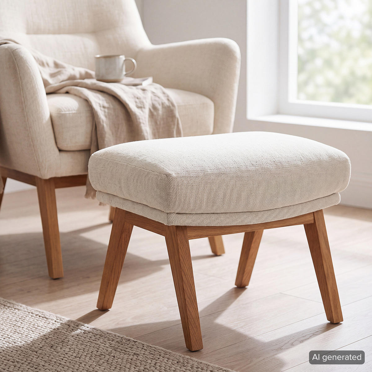 POLSTERHOCKER mit Holzfüßen - Eichefarben/Beige, Eichenholz/Holz (51/37/41cm) - home24