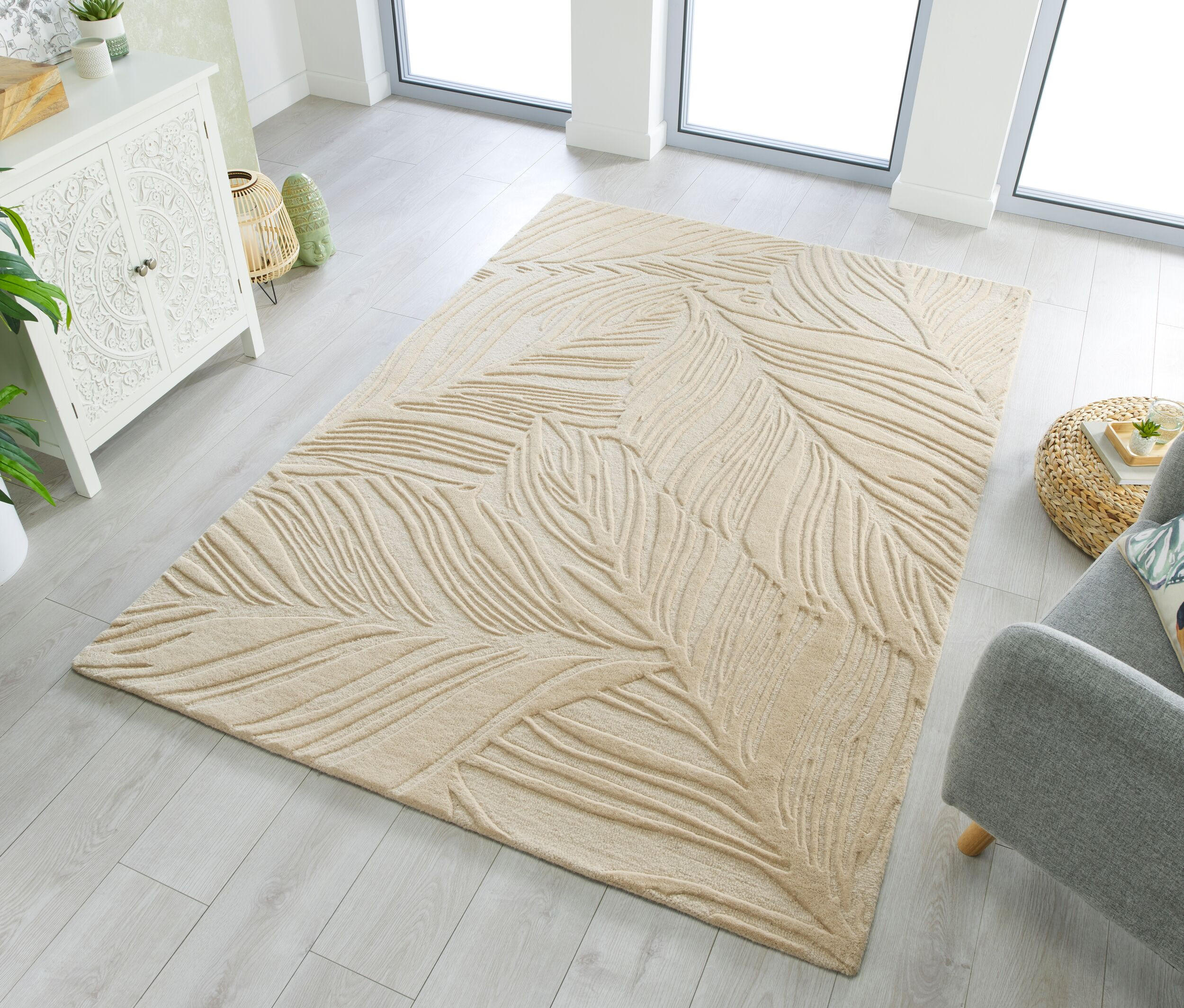 WOLLTEPPICH Blatt-Design, handgetuftet LEVEN LEE, Beige 160x230 cm - Beige, Textil (160/230cm) - KADIMA DESIGN