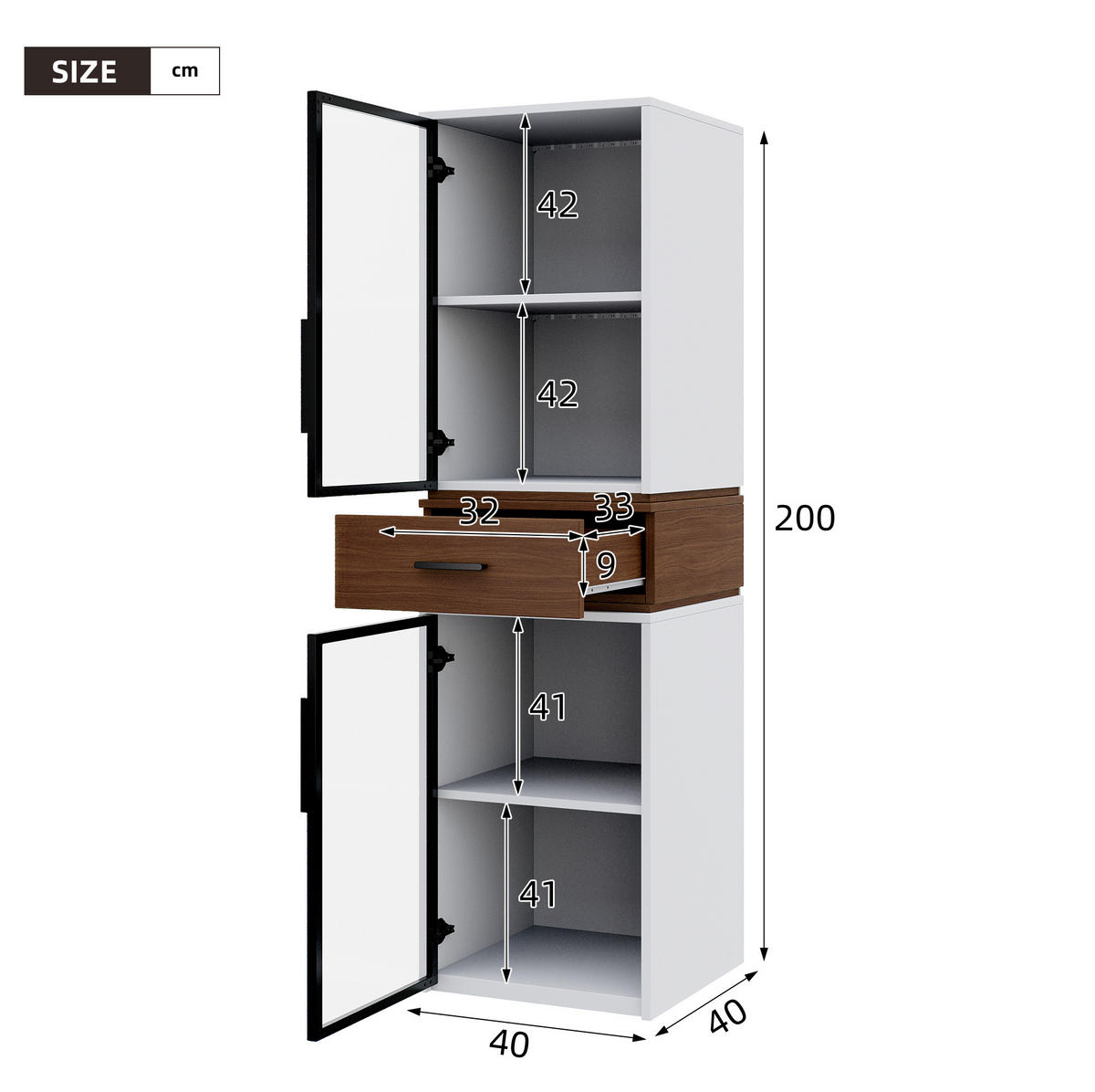 HIGHBOARD mit Glastüren und LED 40/40/200 cm in Weiß mit Schublade - Weiß, Holzwerkstoff (40/200/40cm) - BEAOK
