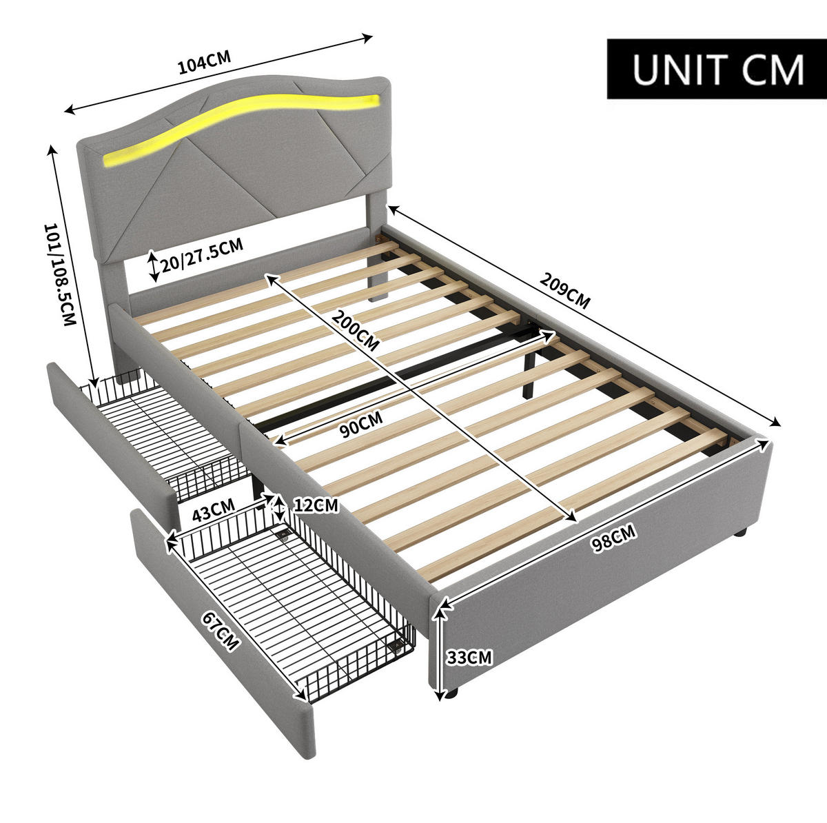 POLSTERBETT mit LED und 2 Schubladen 90x200 cm Leinen Grau - Grau, Metall (90/200cm) - Meubliv