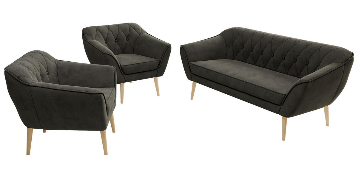 SEDACÍ SOUPRAVA 3+1+1 PIRS - Tmavě šedá Samet - Dřevěné nohy - tmavě šedá/barva buku, kompozitní dřevo/textil (180/75/74cm) - MKS