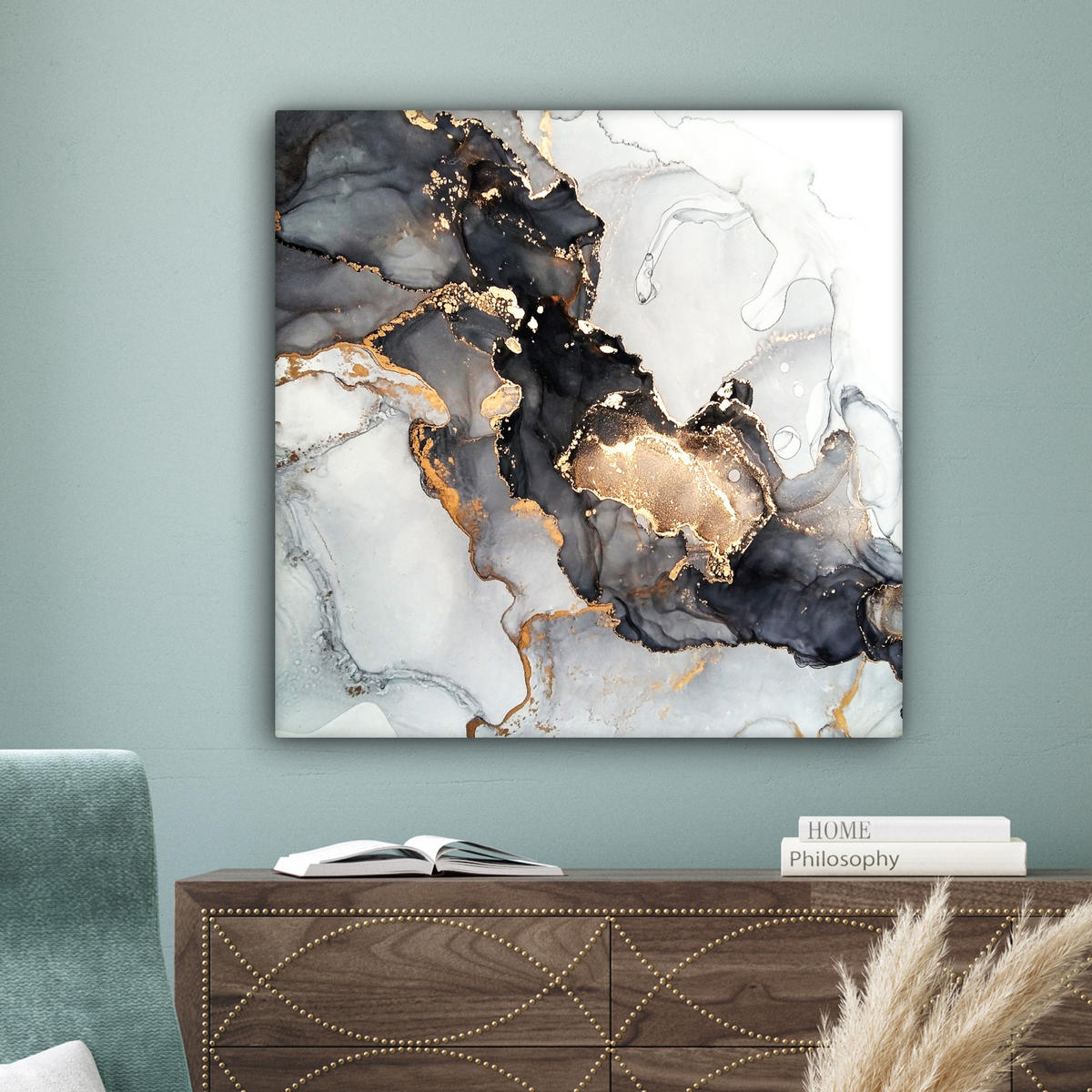 LEINWANDBILD Marmor - Schwarz - Weiß - Gold - Luxus - Abstrakt 90x90 cm - Goldfarben, Textil (90/90cm) - MuchoWow