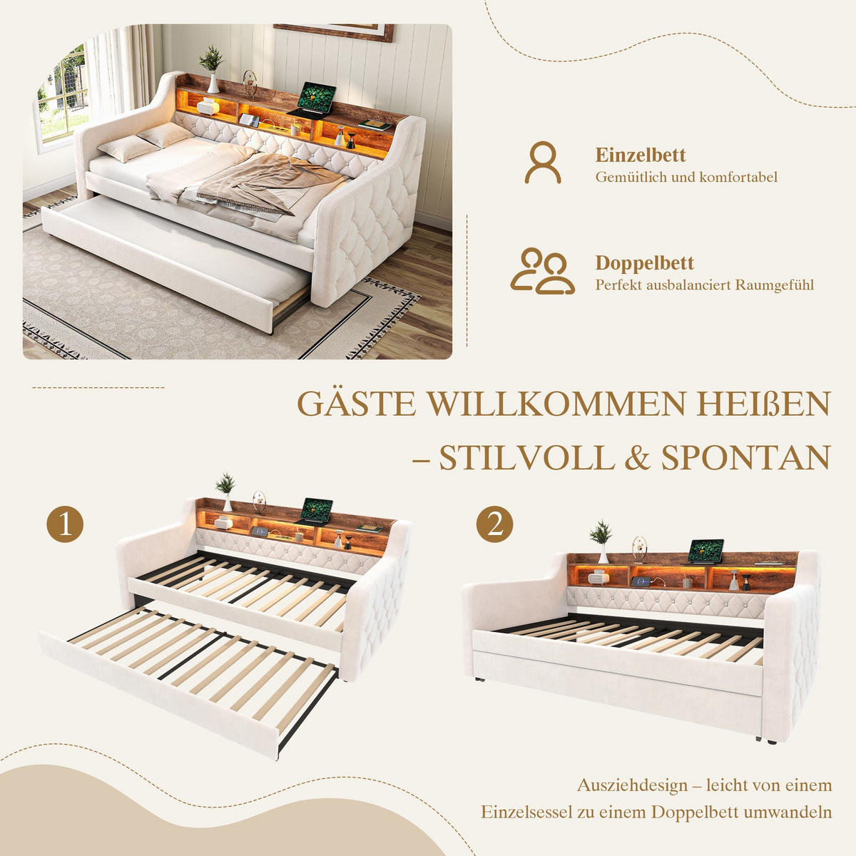 SCHLAFSOFA 90x190cm Ausziehsofa,zwei Liegeflächen,Samt,Beige - Beige, Textil (201/75/107cm) - LVHOM