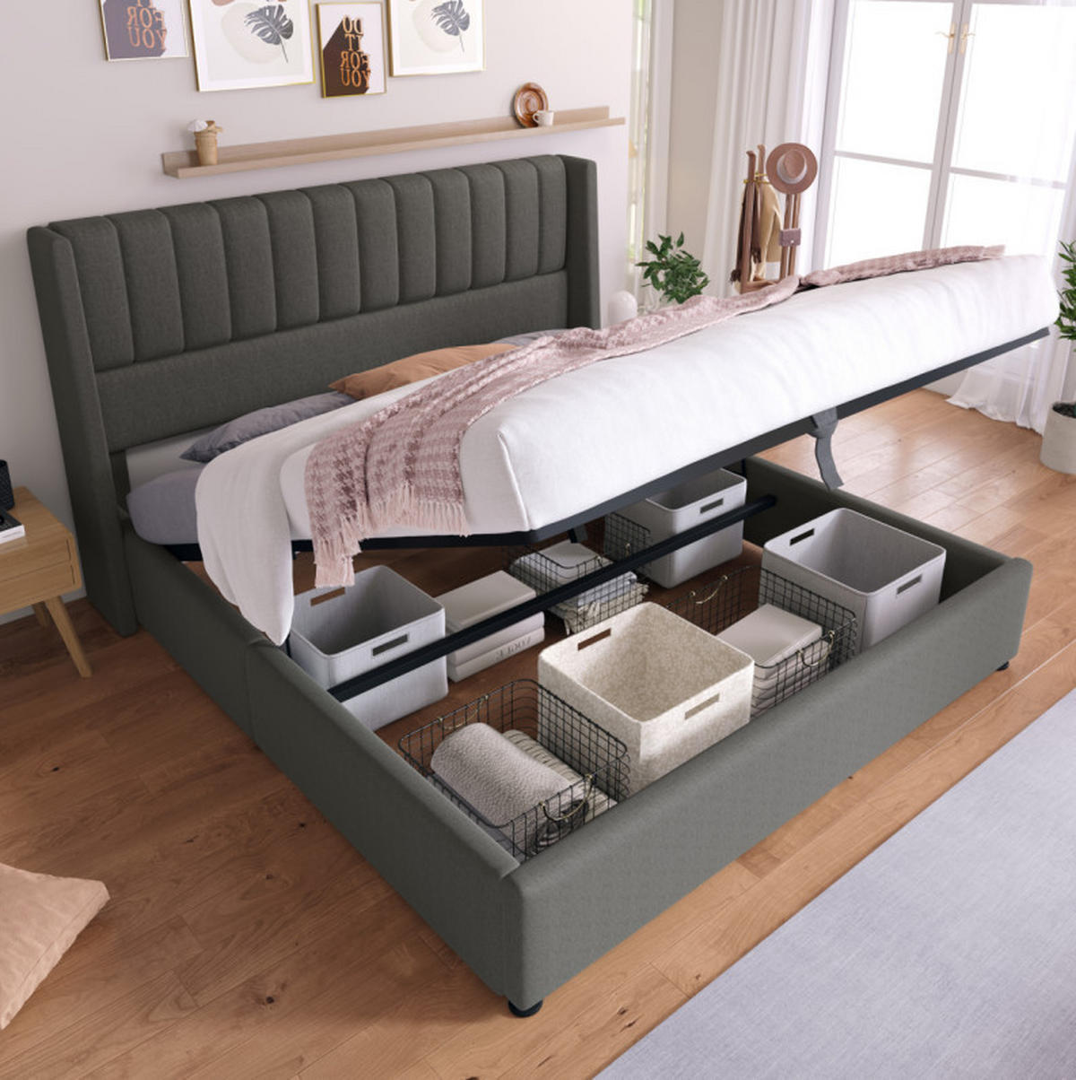 POLSTERBETT 160/200 cm Grau aus Leinen mit Bettkasten - Grau, Textil (160/200cm) - OKMYHOME
