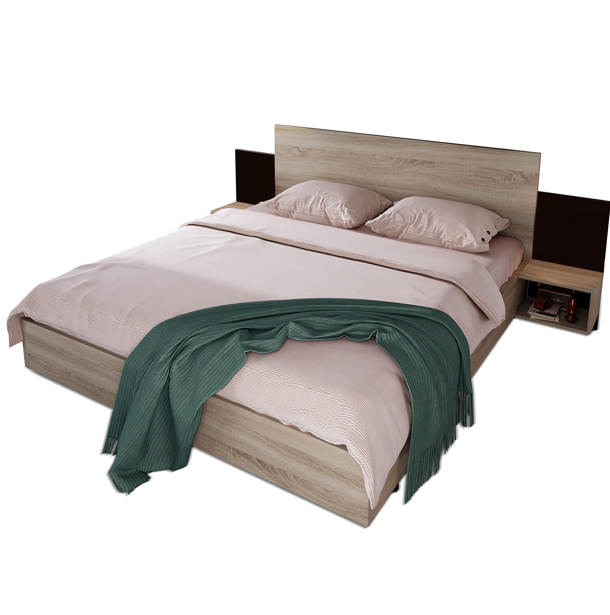 DOPPELBETT 160/200 cm mit 2 Nachtkommoden in Sonoma-Eiche/Dunkelgrau - Dunkelgrau, Holz (160/200cm) - BEAOK