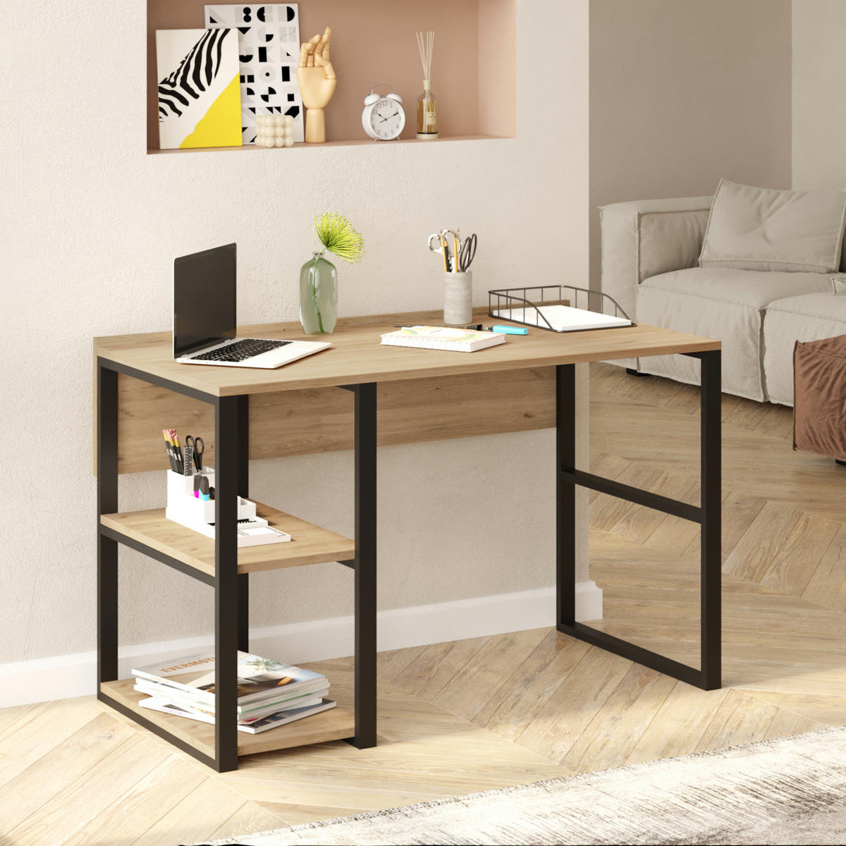 SCHREIBTISCH Tódense - Eichefarben/Schwarz, Holzwerkstoff/Metall (120/60/75cm) - [en.casa]
