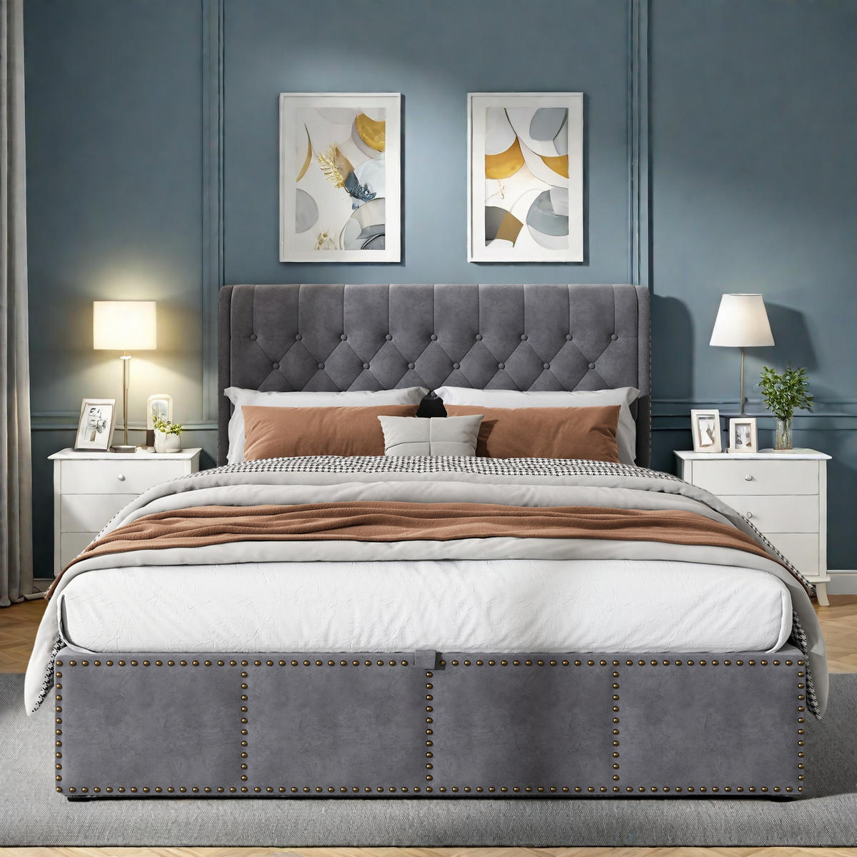 POLSTERBETT 160x200 Grau Samt Nietendekor höhenverstellbar - Grau, Metall (160/200cm) - SHOPENTRA