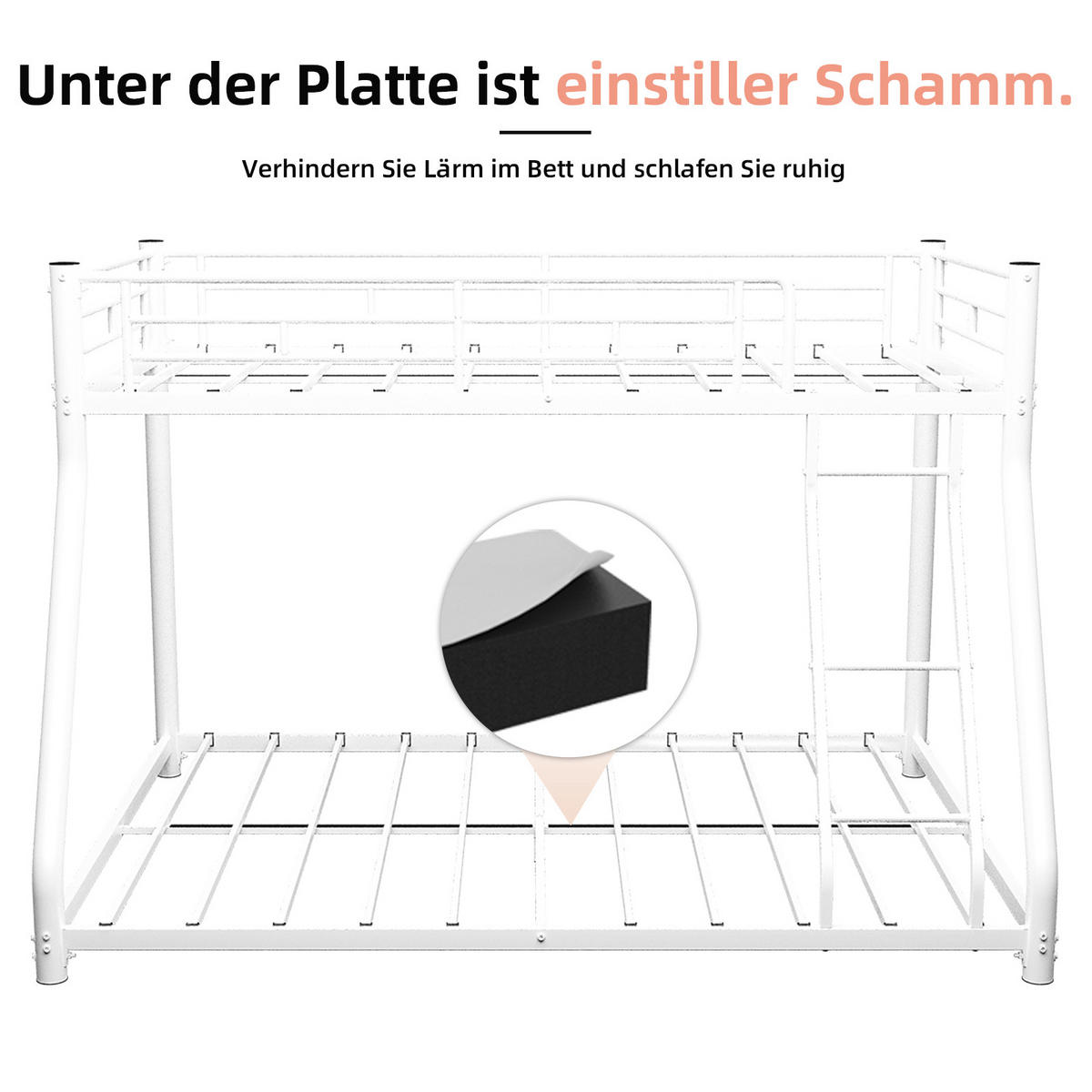 ETAGENBETT Metall 140/200 cm mit Leiter, erhöhtem Geländer und geräuscharmen Latten, Weiß - Weiß, Metall (140/200cm) - Redom