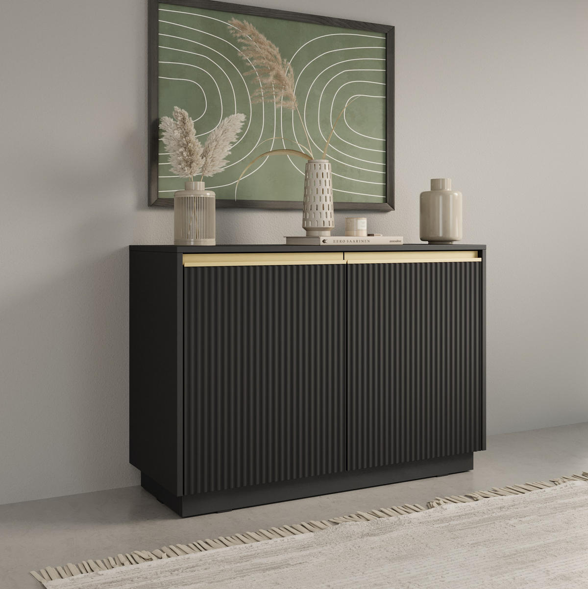 KOMMODE Loren 104 cm mit zwei Türen und geriffelten Fronten in Schwarz - Goldfarben/Schwarz, Holzwerkstoff/Metall (104/72/39cm) - Ravio