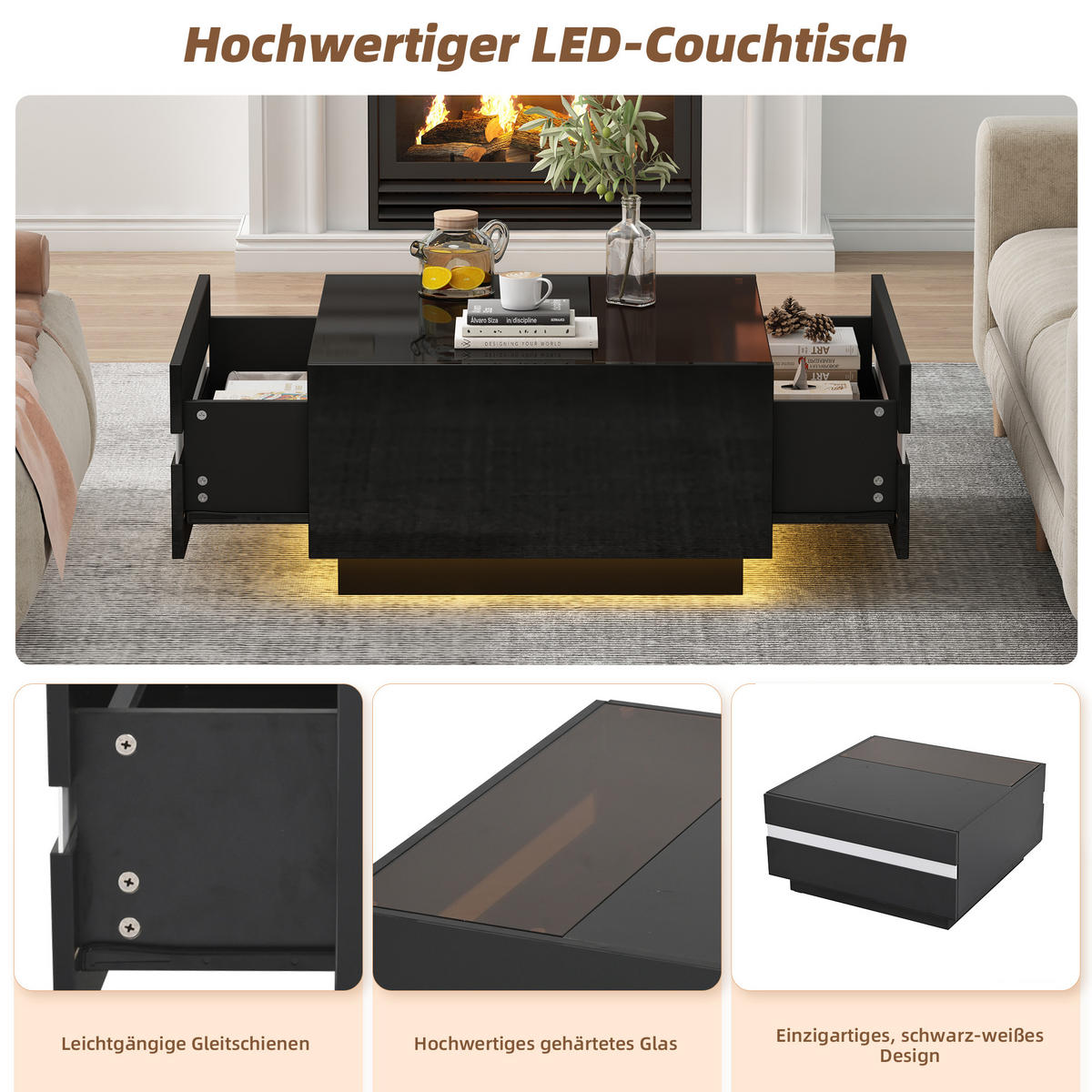 COUCHTISCH 70/70/36 cm schwarz mit 2 Schubladen und LED-Beleuchtung - Schwarz, Holzwerkstoff (70/70/36cm) - OKWISH