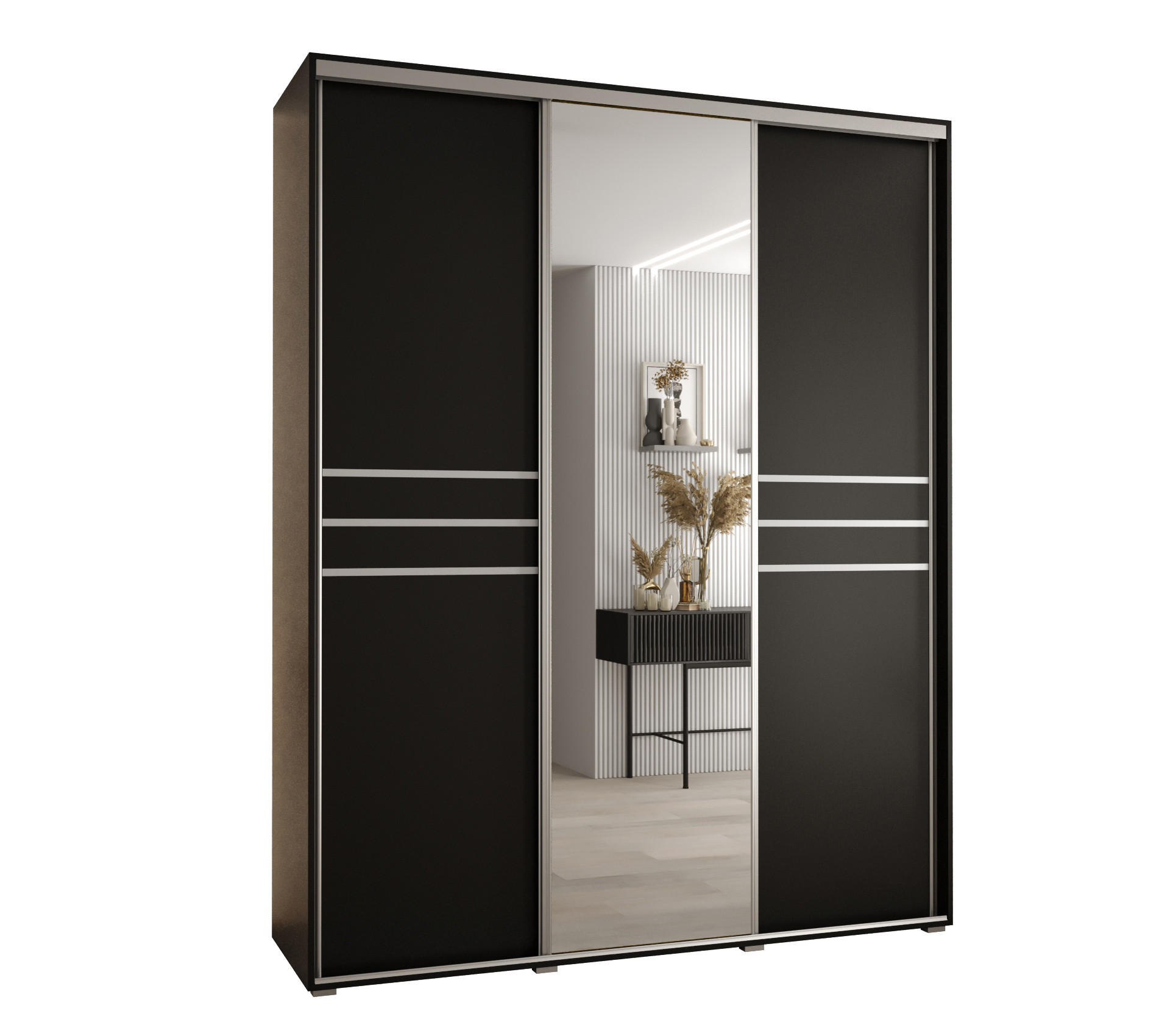 Abiks Möbel SCHWEBETÜRENSCHRANK Schwarz, Schwarz, Silber 190cm × 60cm × 235cm