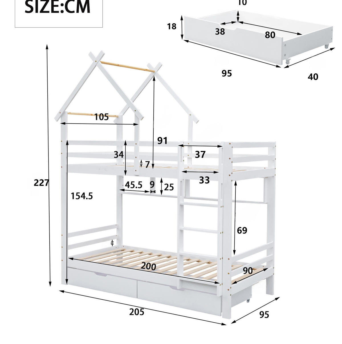 ETAGENBETT aus Kiefer und MDF 90x200 cm Weiß mit Schubladen, Regalen, Fallschutz und Leiter - Weiß, Holzwerkstoff (90/200cm) - Modfu