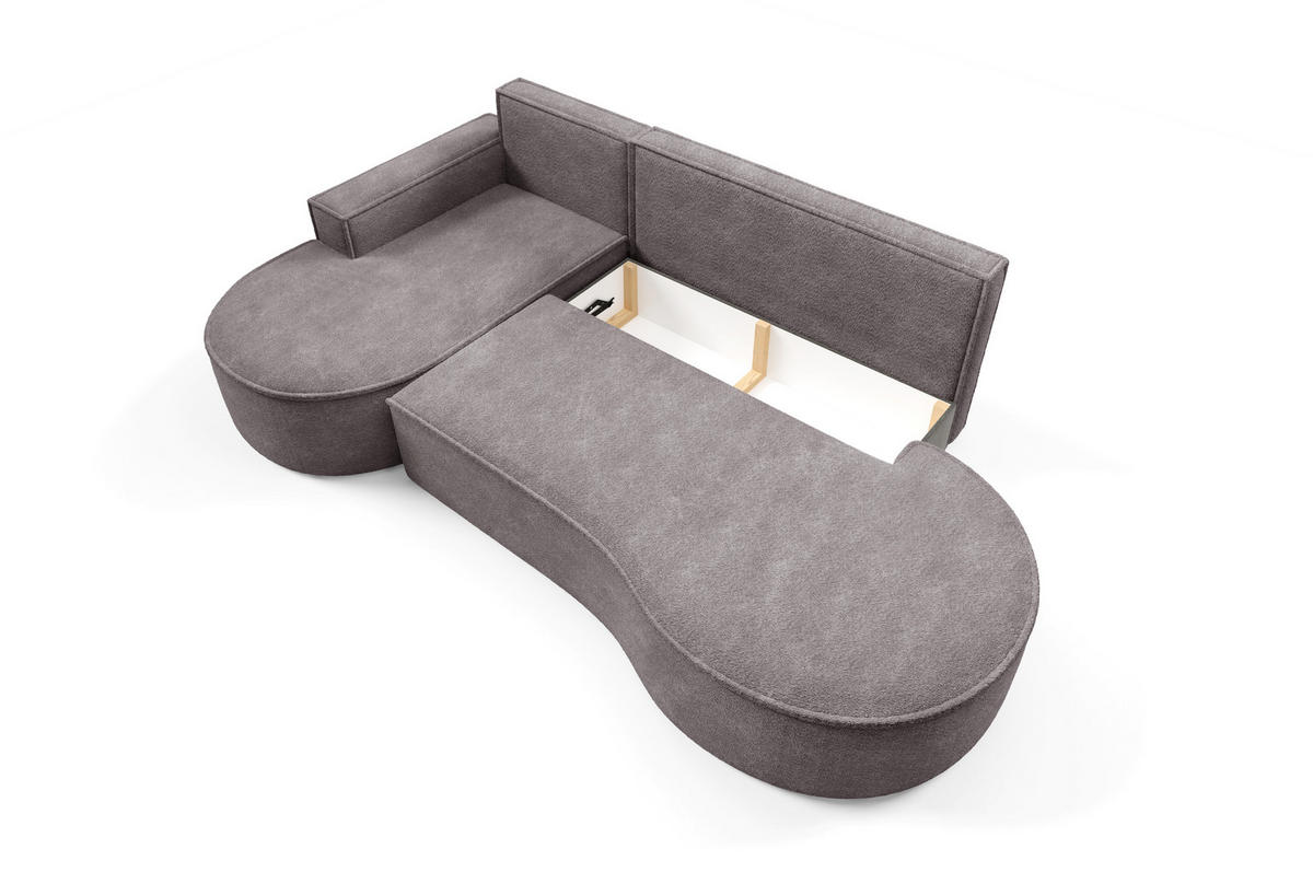 ECKSOFA MOLLY mit Schlaffunktion – Halbrund, freistehend, Liegefläche 140x207 cm, 3 Kissen, Abriamo-Stoff, 277x157x88 cm, Links Grau Seide - Hellgrau, Holz/Textil (157/277cm) - DomoHome