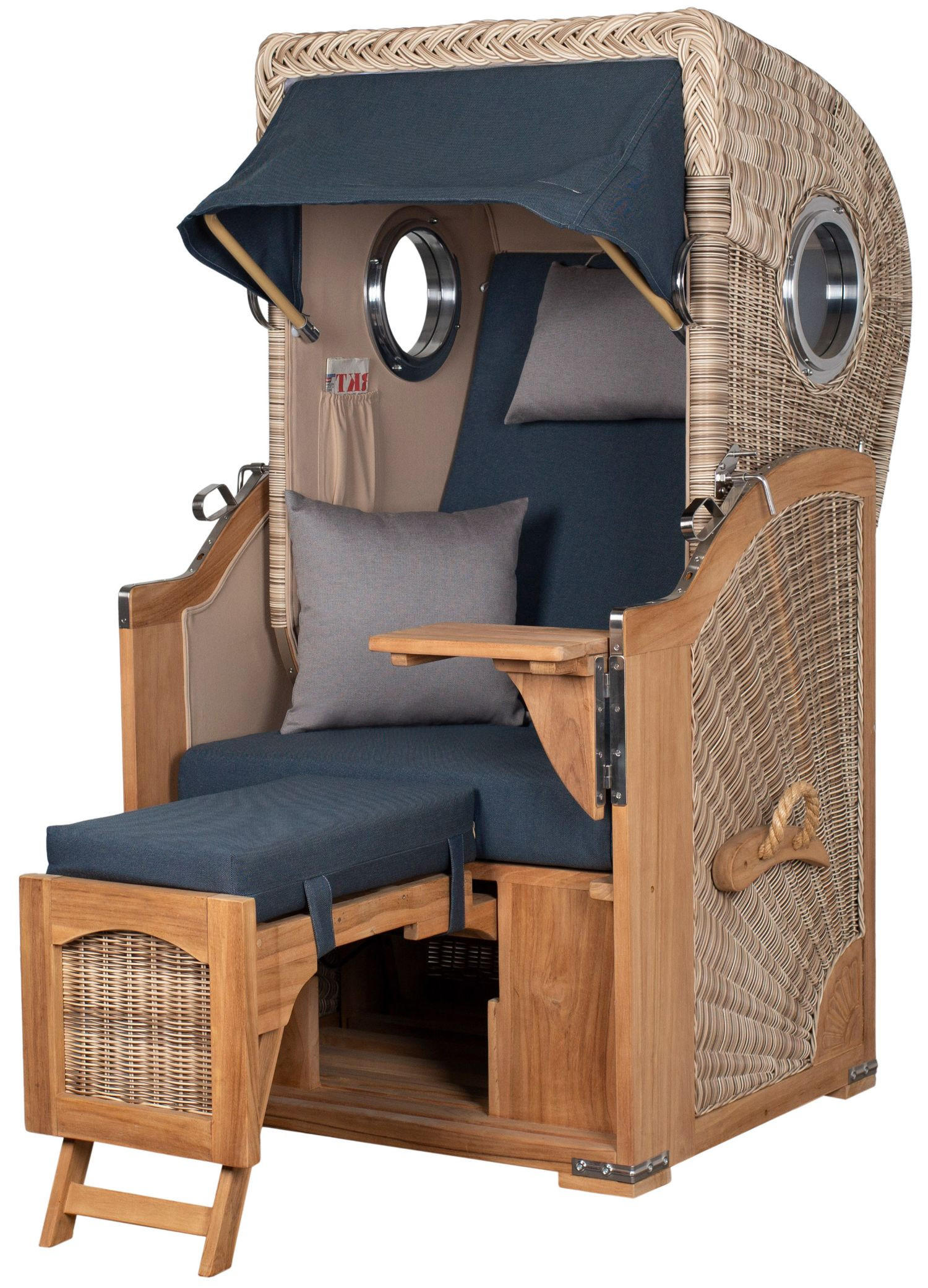 STRANDKORB Komplettset: Ammersee Single Teak Bullauge - PE shell - Modell 593 - Grau, Holz/Kunststoff (96/165/80cm) - bene living