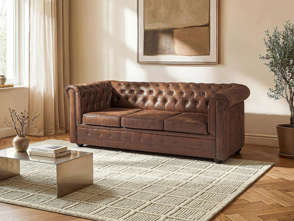 SOFA mit Schlaffunktion 3-Sitzer - Mikrofaser - Vintage-Leder-Optik - CHESTERFIELD - Braun, Textil (204/85/89cm) - Vente-Unique