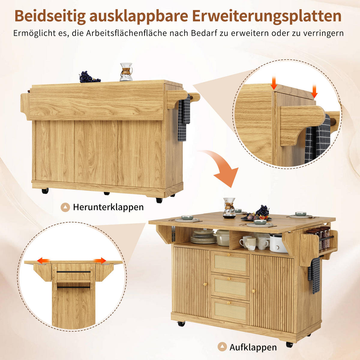 KÜCHENINSEL Ausklappbar PE Rattan Naturbraun - Naturfarben, Holzwerkstoff (142.5/95/80cm) - FLIEKS