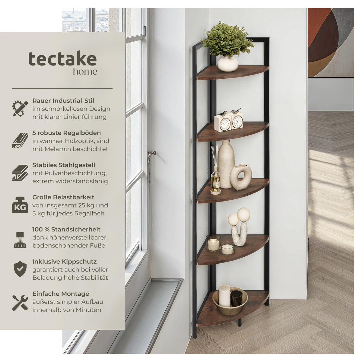 ECKREGAL Castlebar ,inklusive Kippschutz, 30 x 30 x 150 cm,Industrial Holz dunkel, rustikal - Rostfarben, Holzwerkstoff (30/150/30cm) - tectake