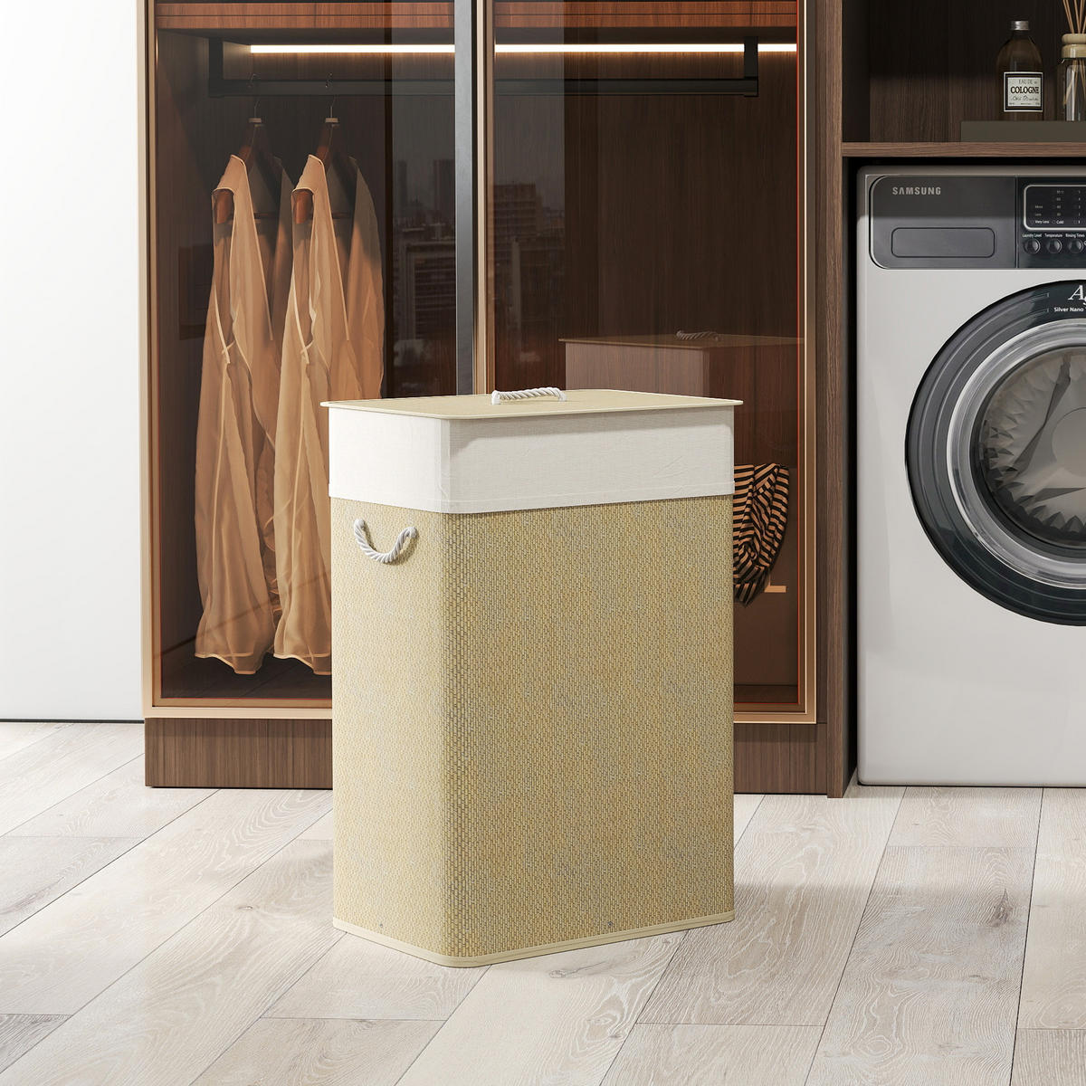 BAMBUS Wäschekorb mit Deckel 72 L Wäschesammler mit Seilgriffen Naturholz - Creme/Naturfarben, Naturmaterialien/Textil (30/60/40cm) - HOMCOM