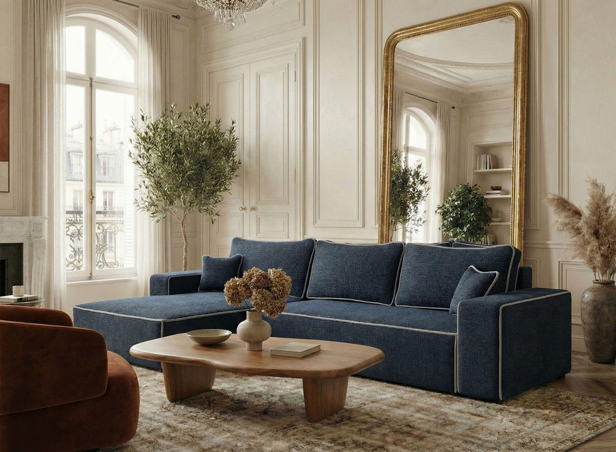 ECKSOFA MIT SCHLAFFUNKTION Modo Creme Chenille-Stoff - Links Seite - Schwarz/Dunkelblau, Holz/Holzwerkstoff (185/294cm) - Maison de Reve