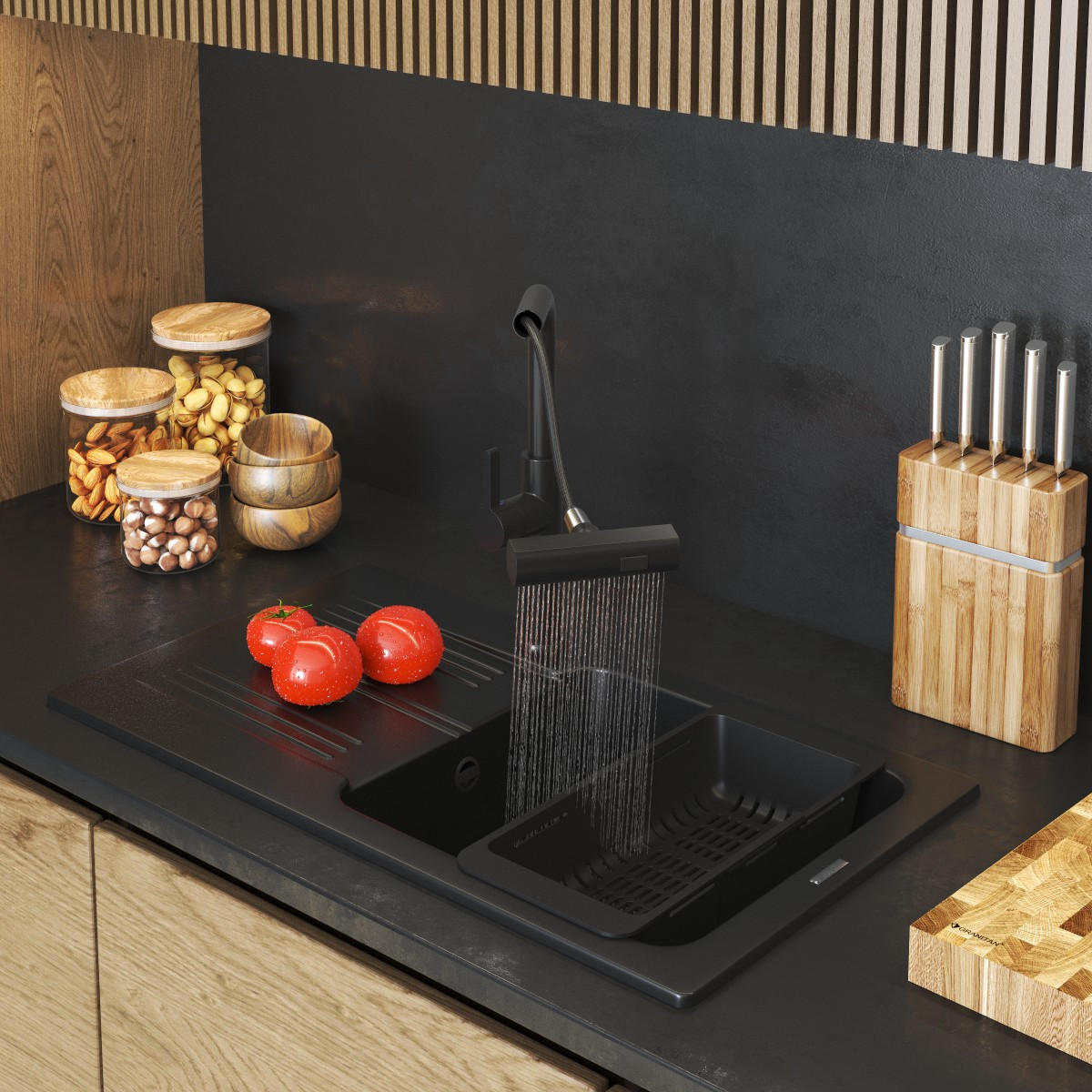 KÜCHENSPÜLE Ada mit Batterie Siphon - Schwarz, Kunststoff/Stein (77/45/16cm) - Granitan