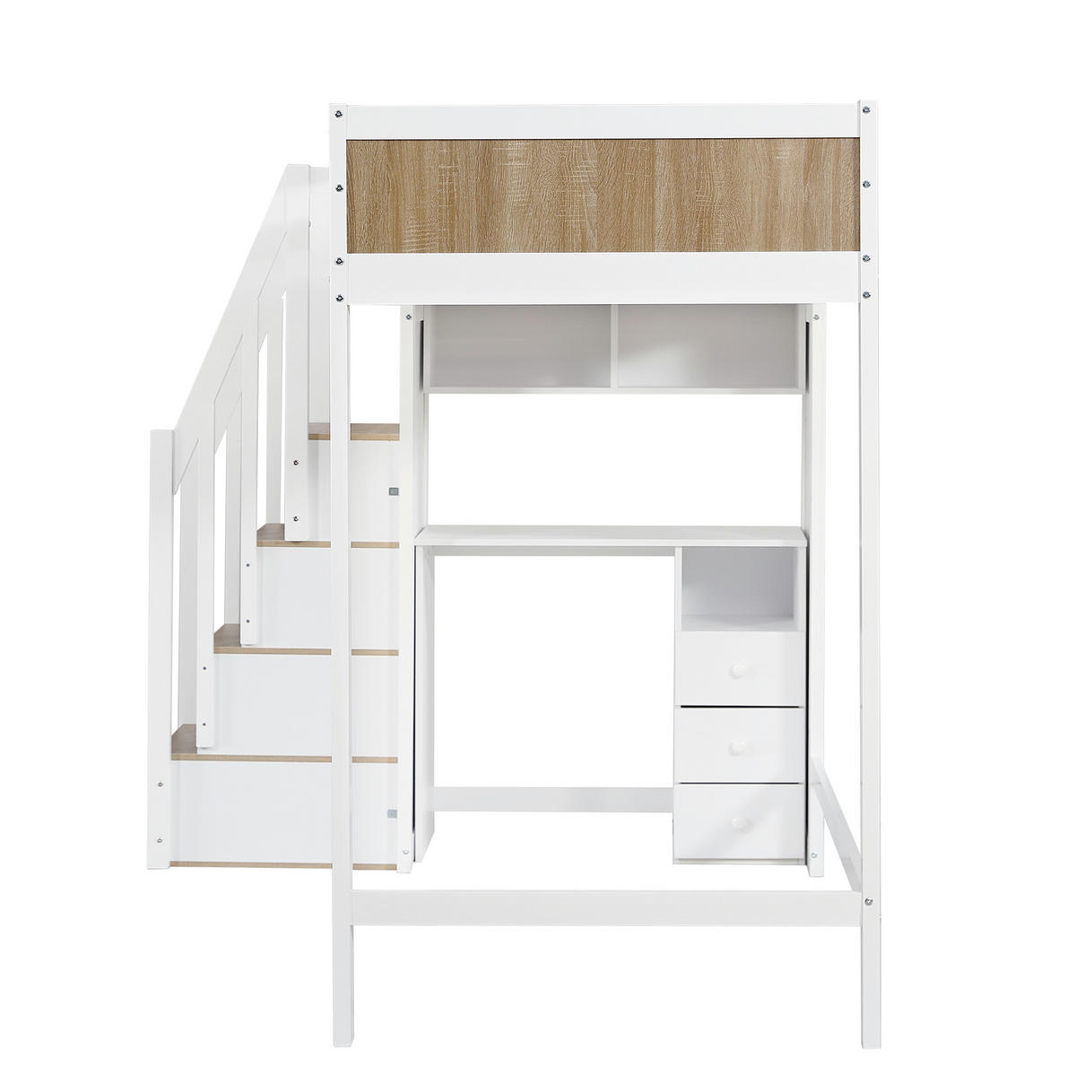 ETAGENBETT 90/200 cm in Weiß & Natur mit Schreibtisch, 3 Schubladen und Regal - Weiß/Naturfarben, Holz/Holzwerkstoff (90/200cm) - CHICFURN