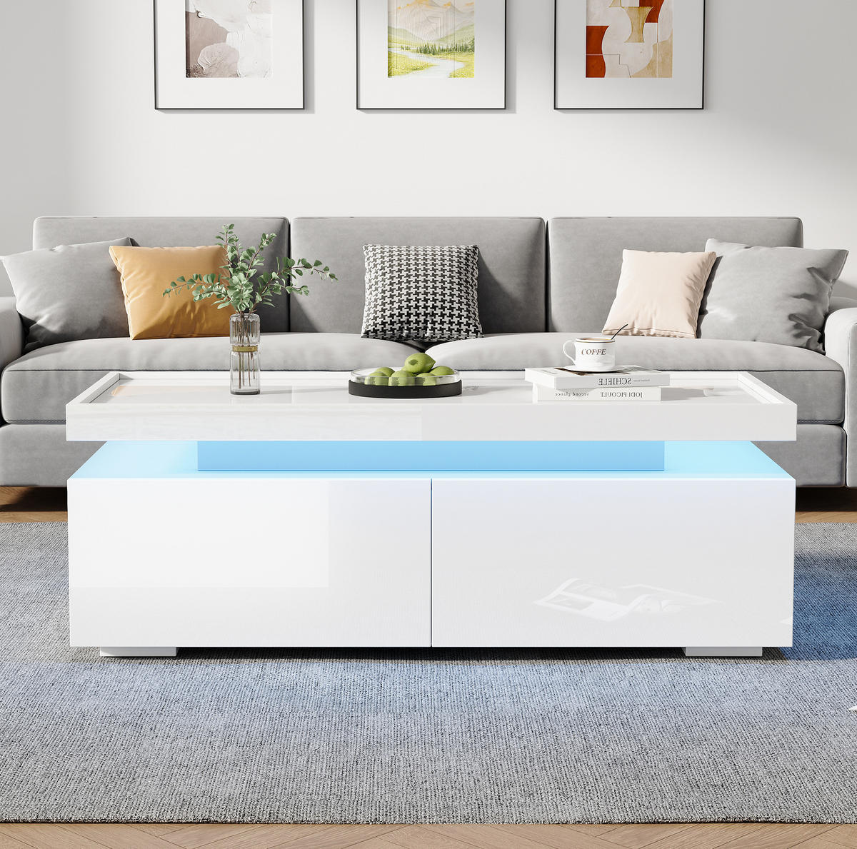KONFERENČNÝ stolík s LED 95/45/35 cm, biely, 2 zásuvky - biela, kompozitné drevo (95/45/35cm) - Flora Grace