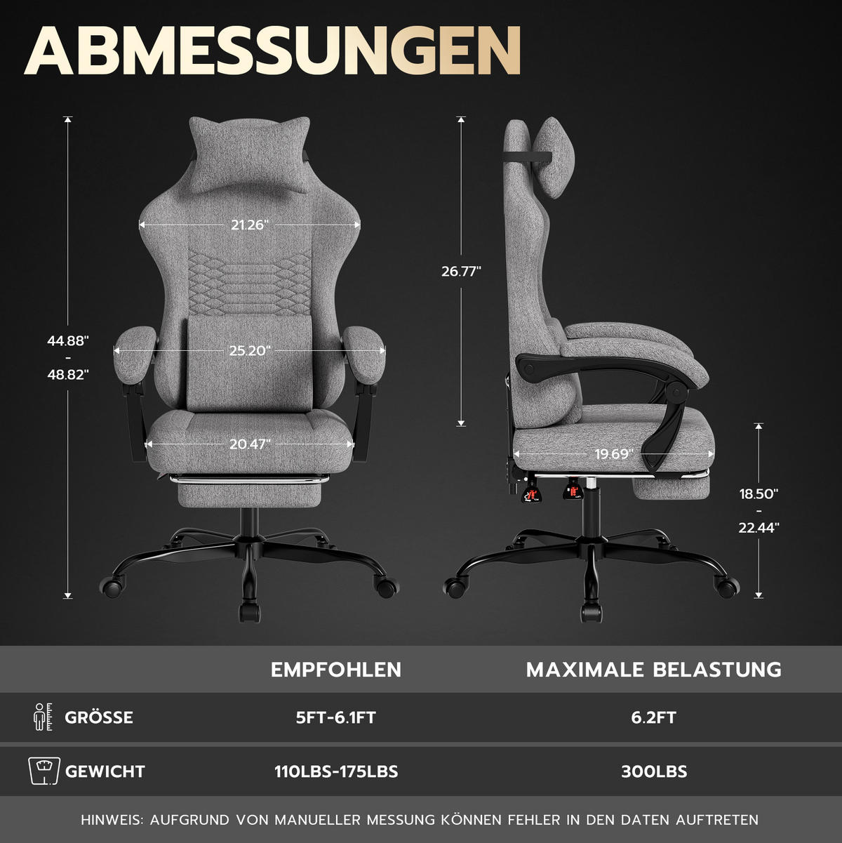 GAMING-STUHL ergonomisch Stoff Light Gray mit Fußstütze - Hellgrau, Kunststoff (63/120.5/58.5cm) - Meubliv
