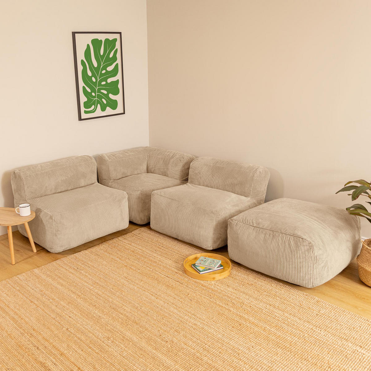 SITZSACK-SOFA 4-tlg. ZEN: Ecksessel, 2 Sessel, Fußstütze - Beige, Textil (385/68/100cm) - icon