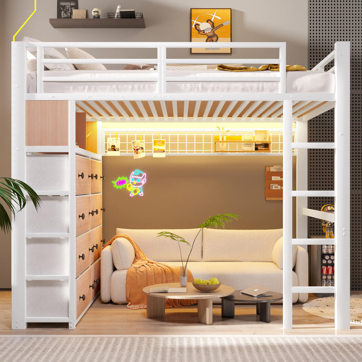 HOCHBETT 140/200 cm in Weiß mit 8 Schubladen, LED, Regalen und Lochwand - Weiß, Holzwerkstoff/Metall (140/200cm) - WISHDOR