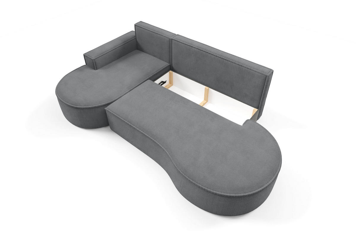ECKSOFA MOLLY mit Schlaffunktion – Halbrund, freistehend, Liegefläche 140x207 cm, 3 Kissen, Abriamo-Stoff, 277x157x88 cm, Links Grau - Grau, Holz/Textil (157/277cm) - DomoHome