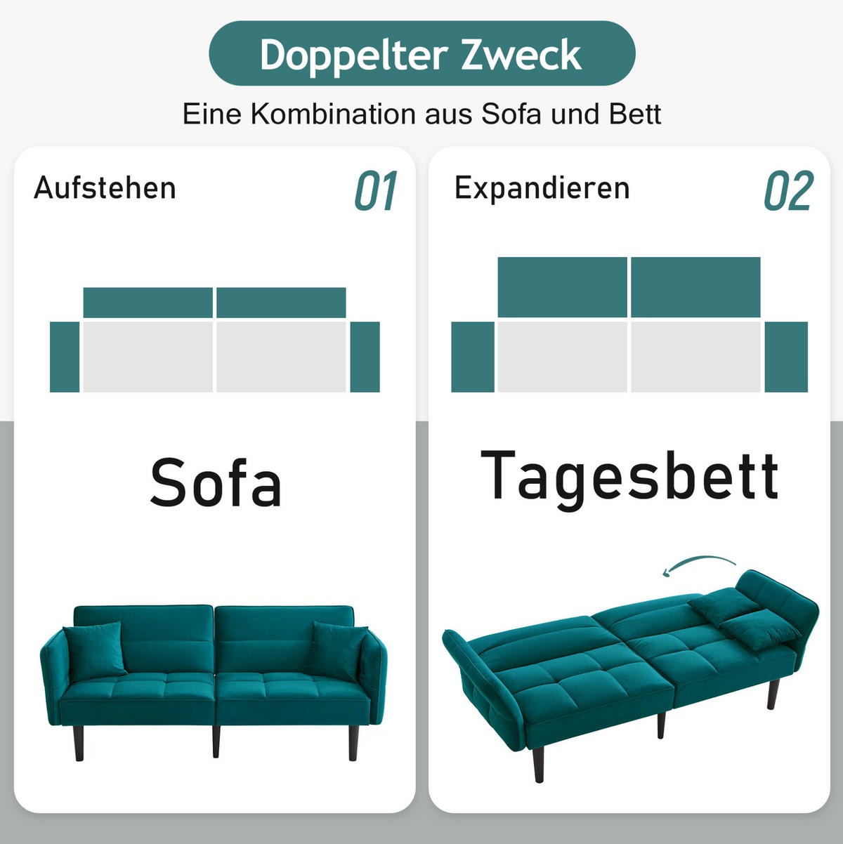 SCHLAFSOFA aus Samt Antik Blaugrün mit verstellbaren Rückenlehnen, klappbaren Armlehnen und 2 Kissen - Petrol, Kunststoff (176/76/78cm) - Modfu