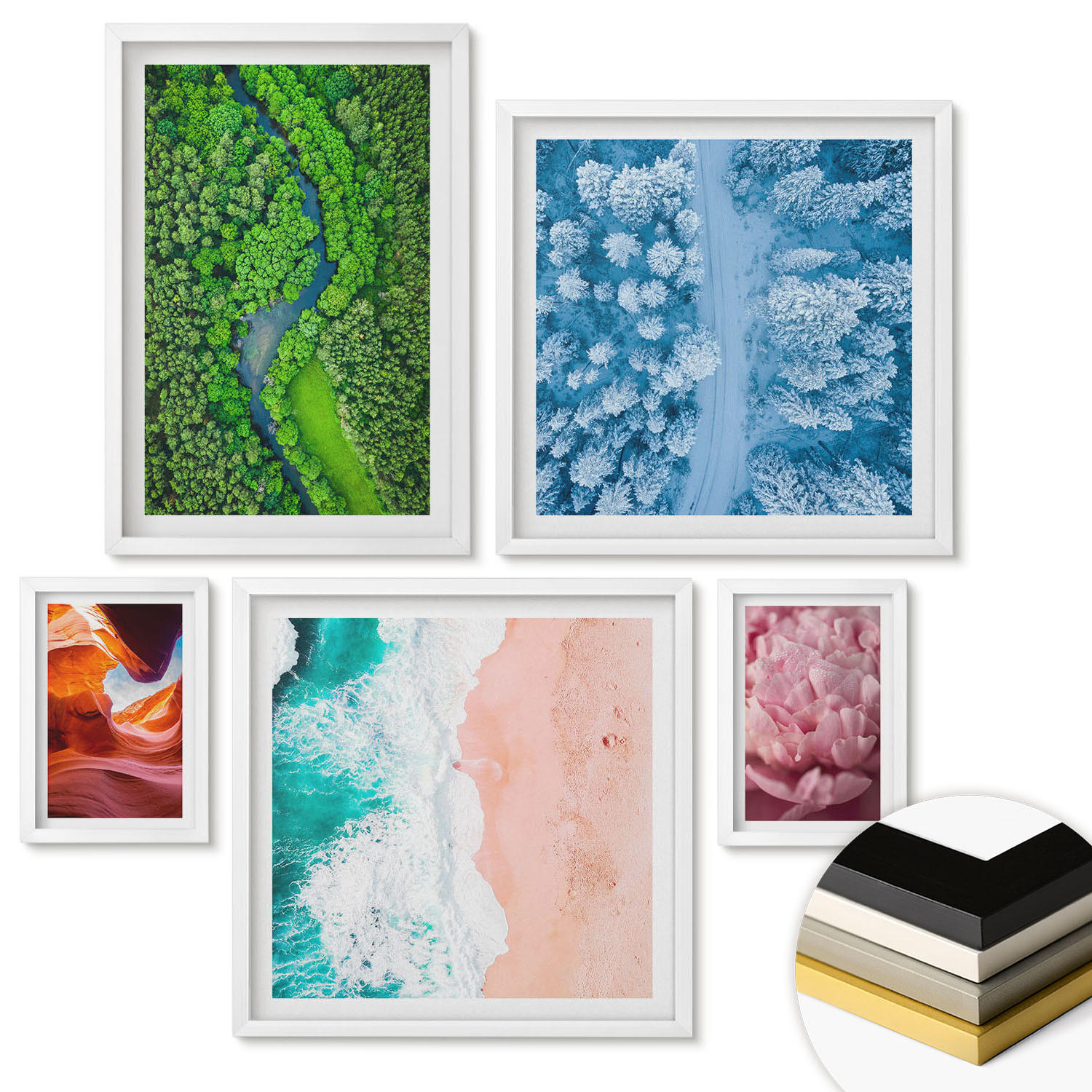 WANDBILDER 5er-Set - 50x50 cm & 20x30 cm & 40x60 cm Weißer Rahmen - Pferde, Bewegung, Strand, Leuchtturm, Berge - Weiß, Kunststoff (40/60cm) - ArtPrintCave
