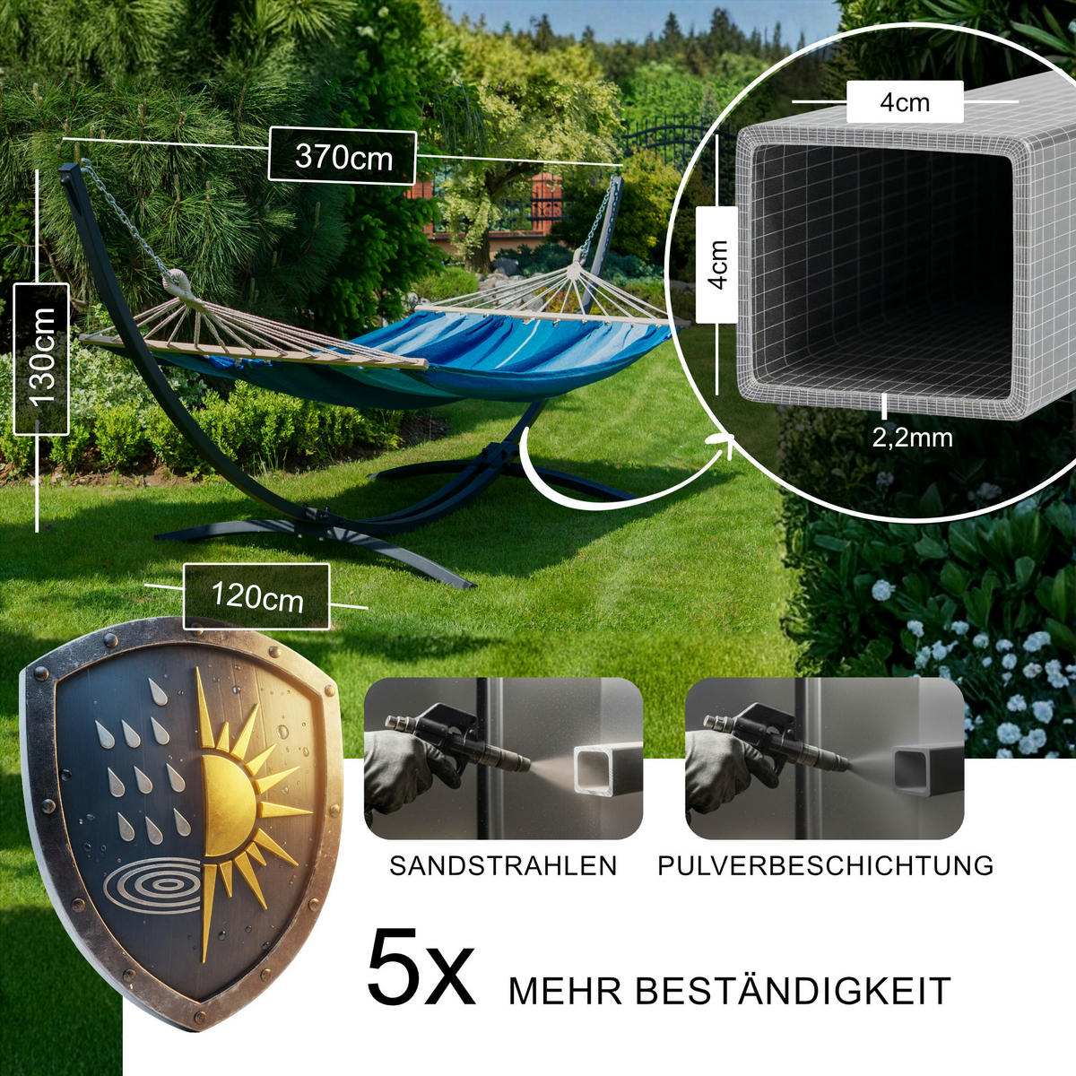 HÄNGEMATTE mit Gestell, 2 Personen, Stabhängematte, XXL, 200 kg, Metall,Beige, einfache Montage - Weiß, Metall (370/130/120cm) - Potenza