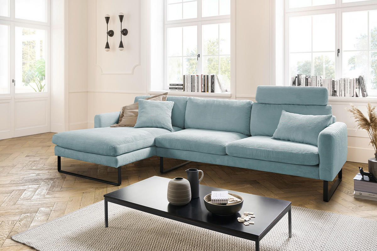 ECKSOFA RICARDA Hellblau Cord - Schwarz/Hellblau, Textil/Metall (298/154cm) - KAWOLA