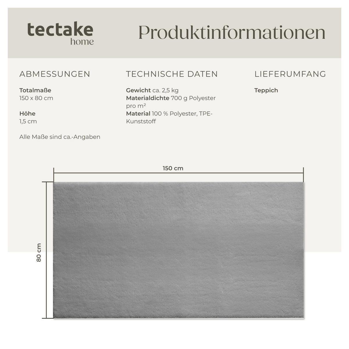KURZFLORTEPPICH Soft Zone,rutschfeste Unterseite,grau - Grau, Kunststoff (150/80cm) - tectake