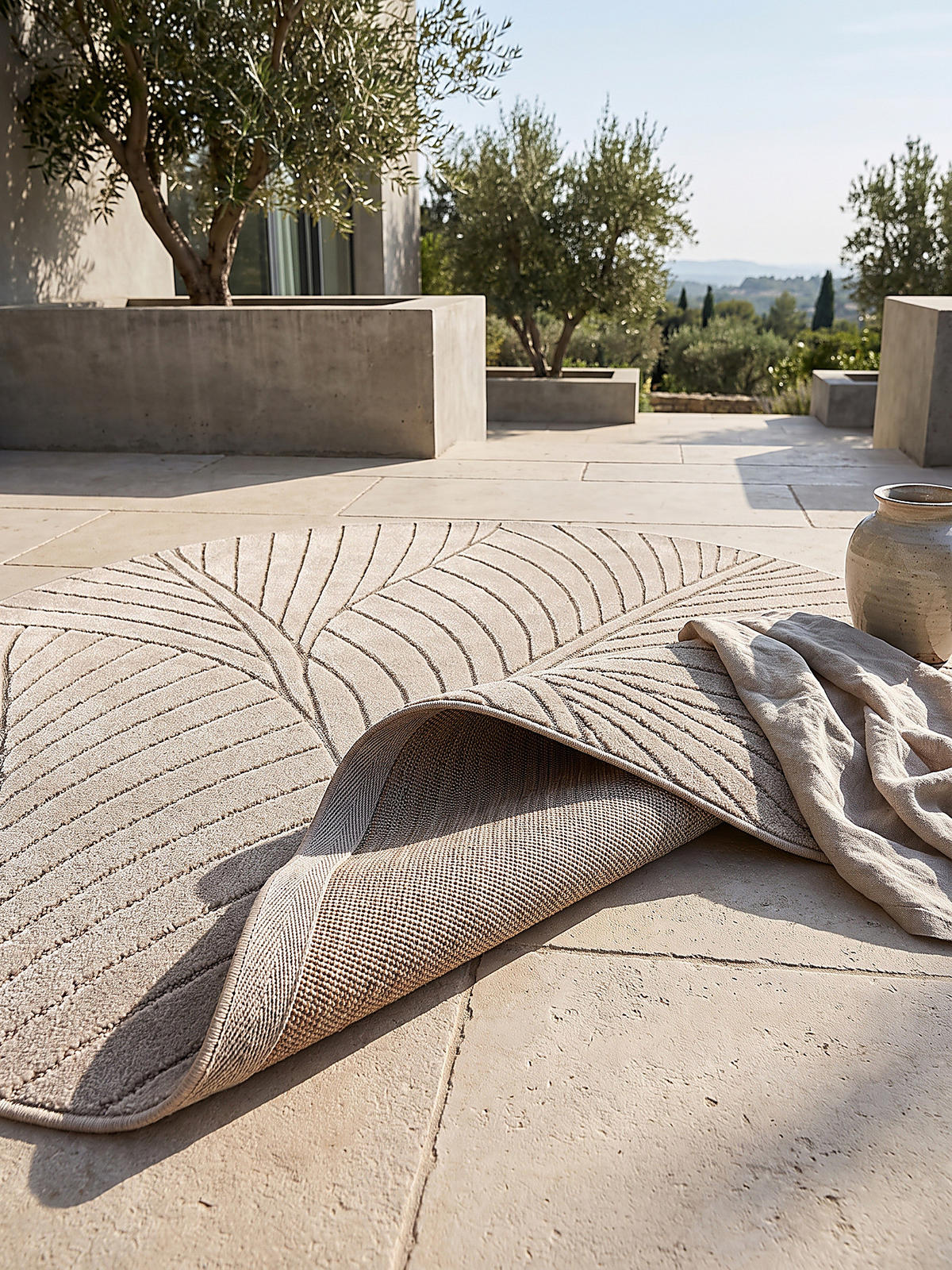 TEPPICH Outdoor, Fußbodenheizung-geeignet, mit Blattmotiv, ENGADIN in Beige, Ø 200 cm - Beige, Textil (200/200cm) - KADIMA DESIGN