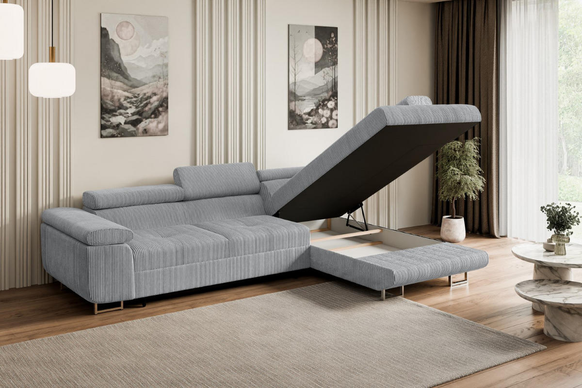 ECKSOFA mit Schlaffunktion und Bettkasten GUSA-L 272x202x107 cm Grau Cord - Silberfarben/Grau, Holzwerkstoff/Textil (272/202cm) - ALTDECOR