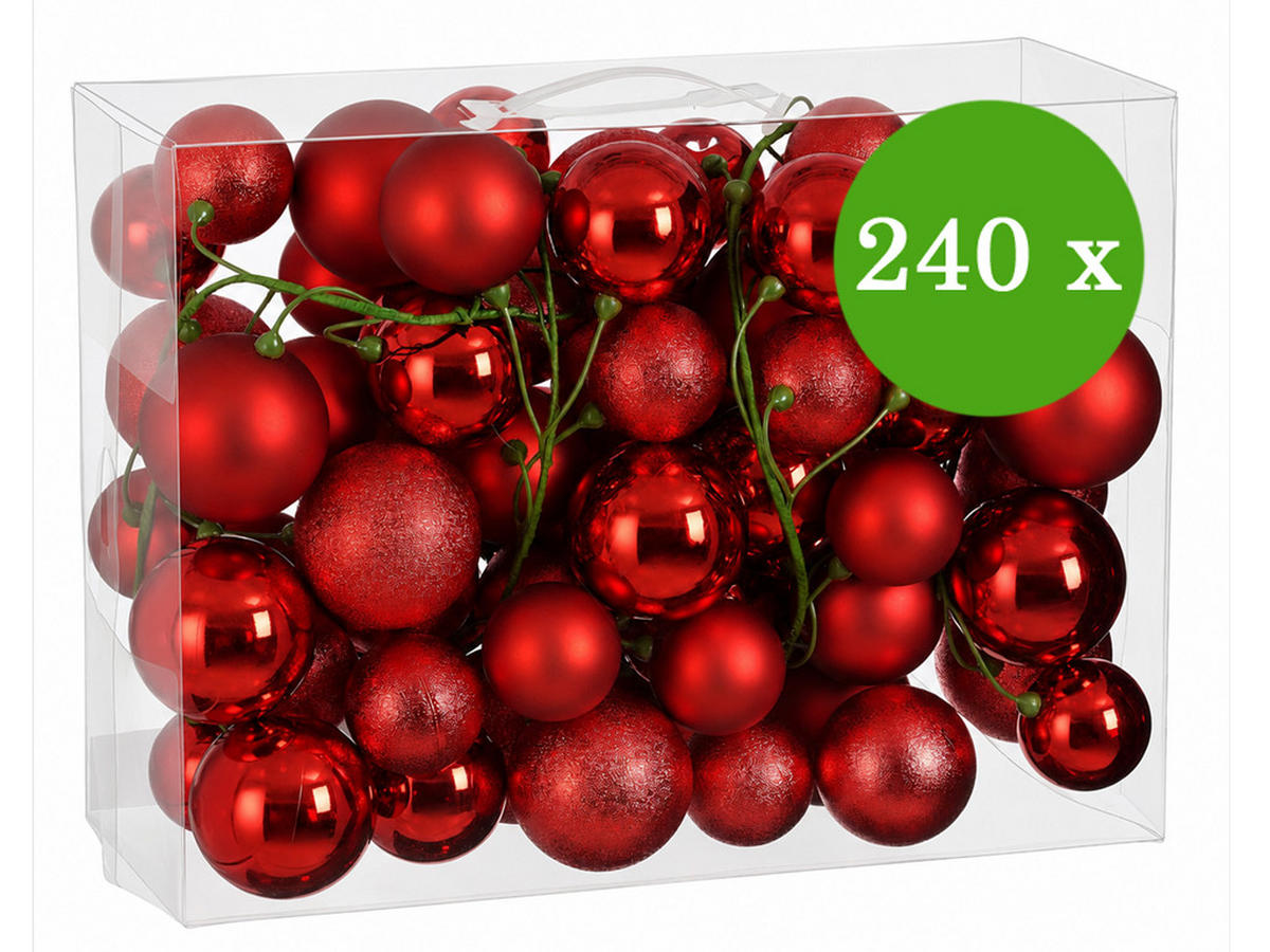 WEIHNACHTSBAUM künstlicher 210 cm – KÖNIGSROT II, geschmückt mit 240-teiligem Weihnachtsbaumschmuck, inkl. Ständer - Rot/Grün, Kunststoff/Metall (134/210cm) - LAALU